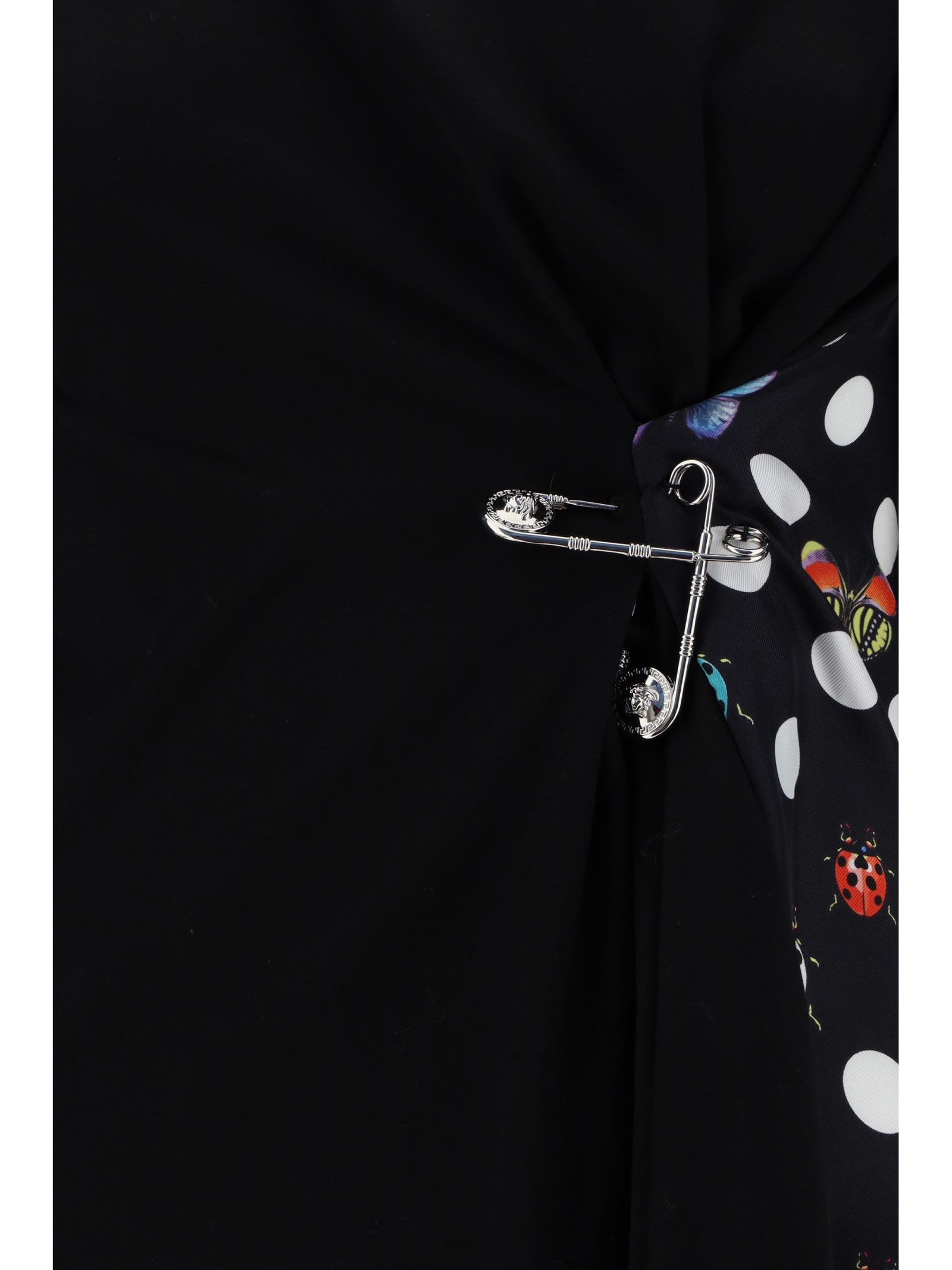 Versace Pin-tucked Jersey T-shirt With Silk Printed Back In Nero+multicolor