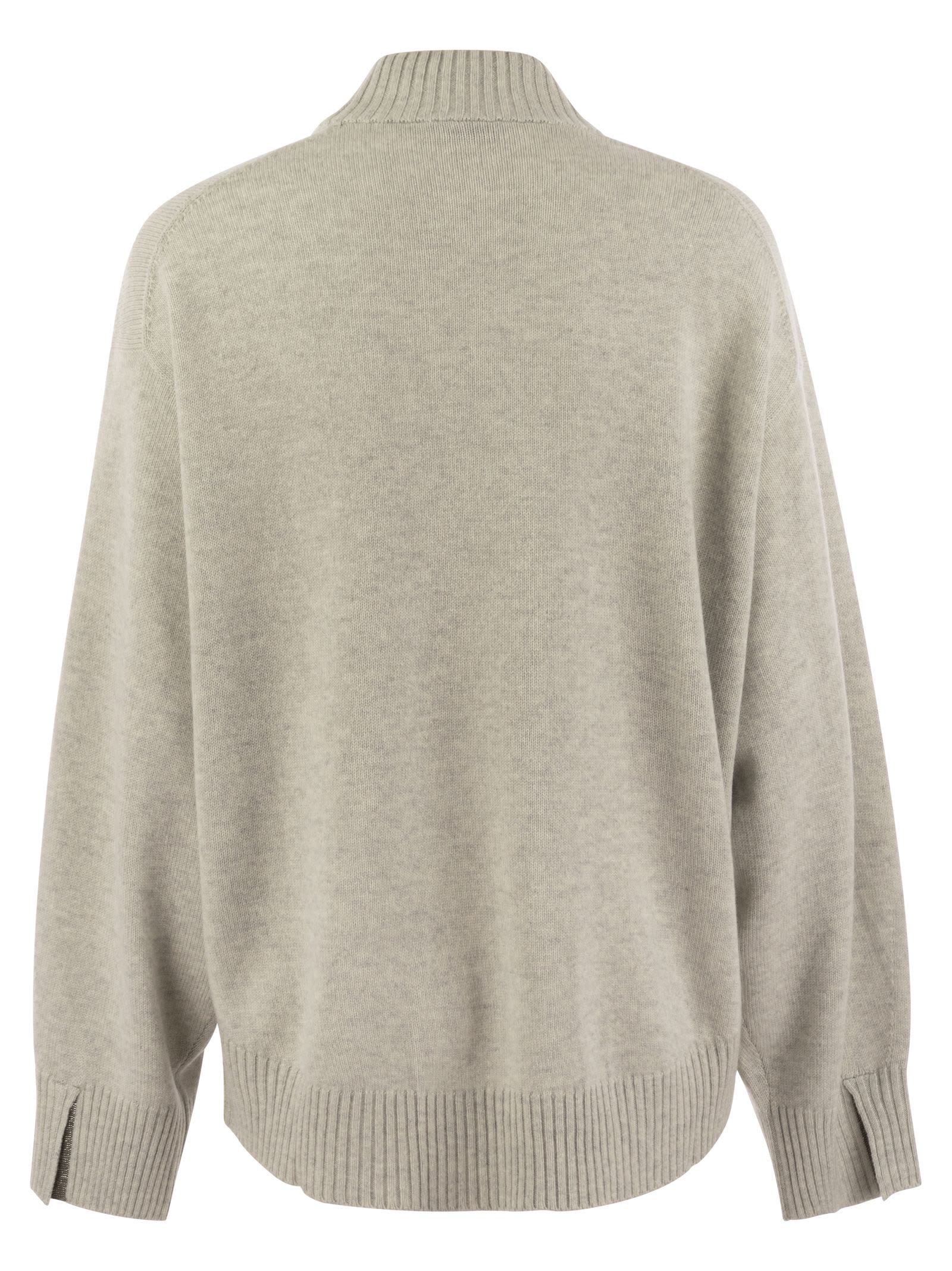 Shop Brunello Cucinelli Cashmere Chimney Neck Sweater With Shiny Cuff Details In Light Grey