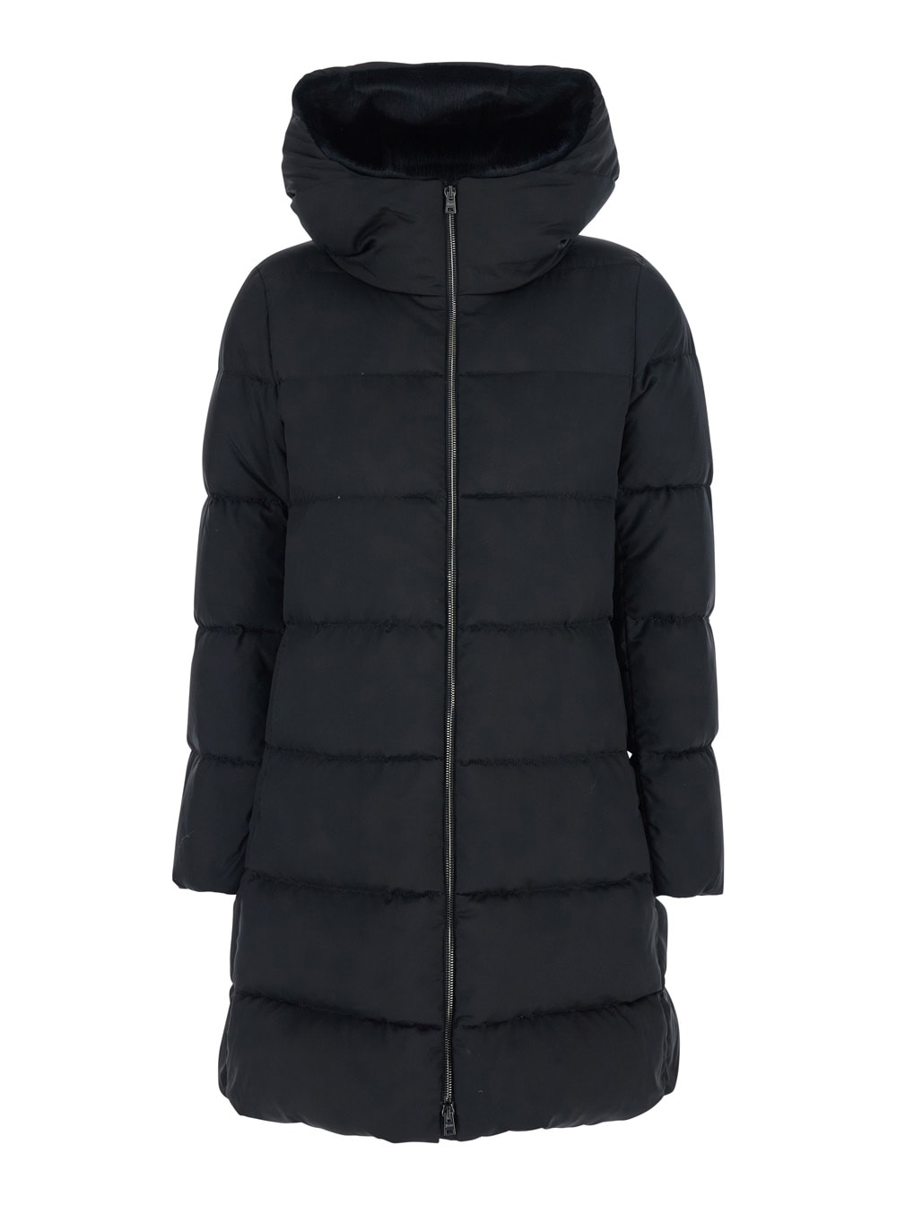 Herno Black Down Jacket With Fixed Hood And Quilted Design In Tech Fabric Woman