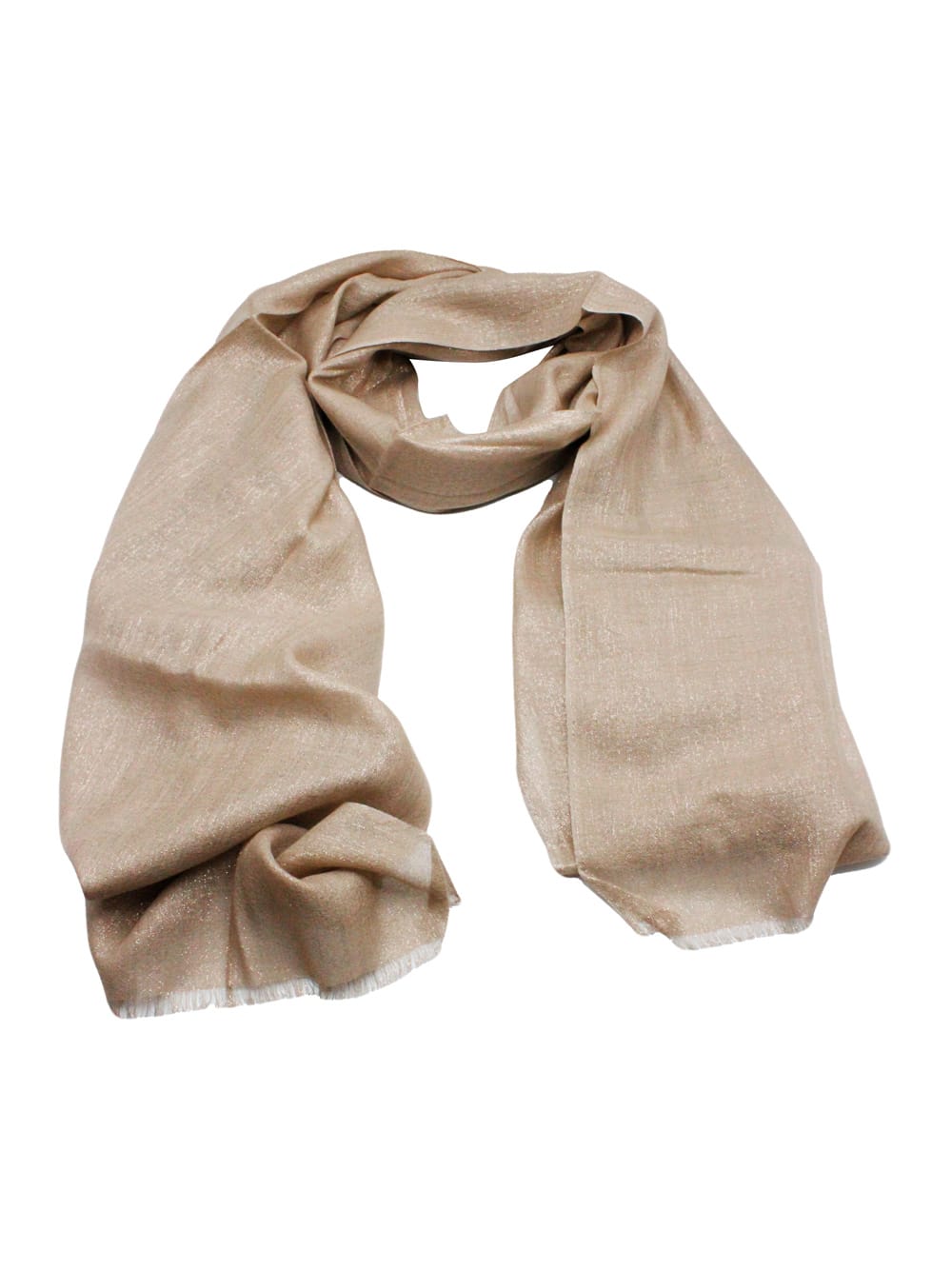 BRUNELLO CUCINELLI LIGHTWEIGHT CASHMERE AND SILK SCARF WITH LUREX LAMÈ THREAD AND FRINGED HEM. MEASURES 80 X 225 CM