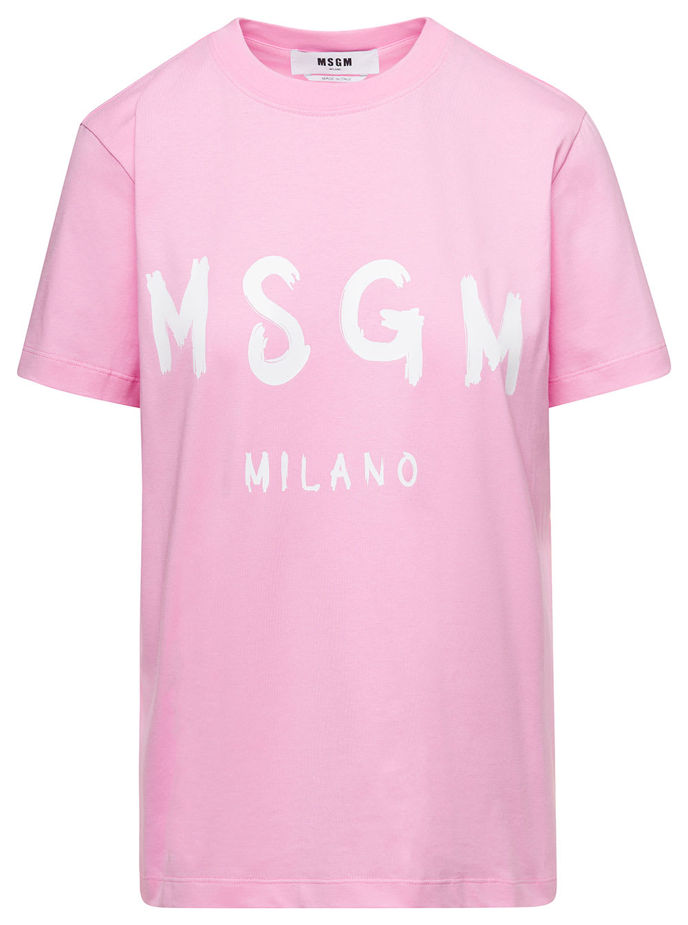 MSGM PINK CREWNECK T-SHIRT WITH CONTRASTING LOGO LETTERING IN COTTON WOMAN
