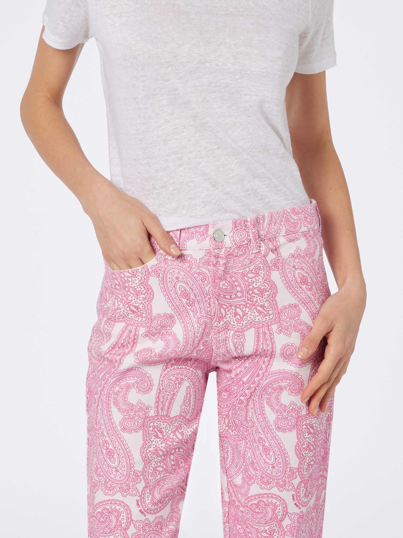 Shop Mc2 Saint Barth Woman Pink Paisley Print Denim Belleville