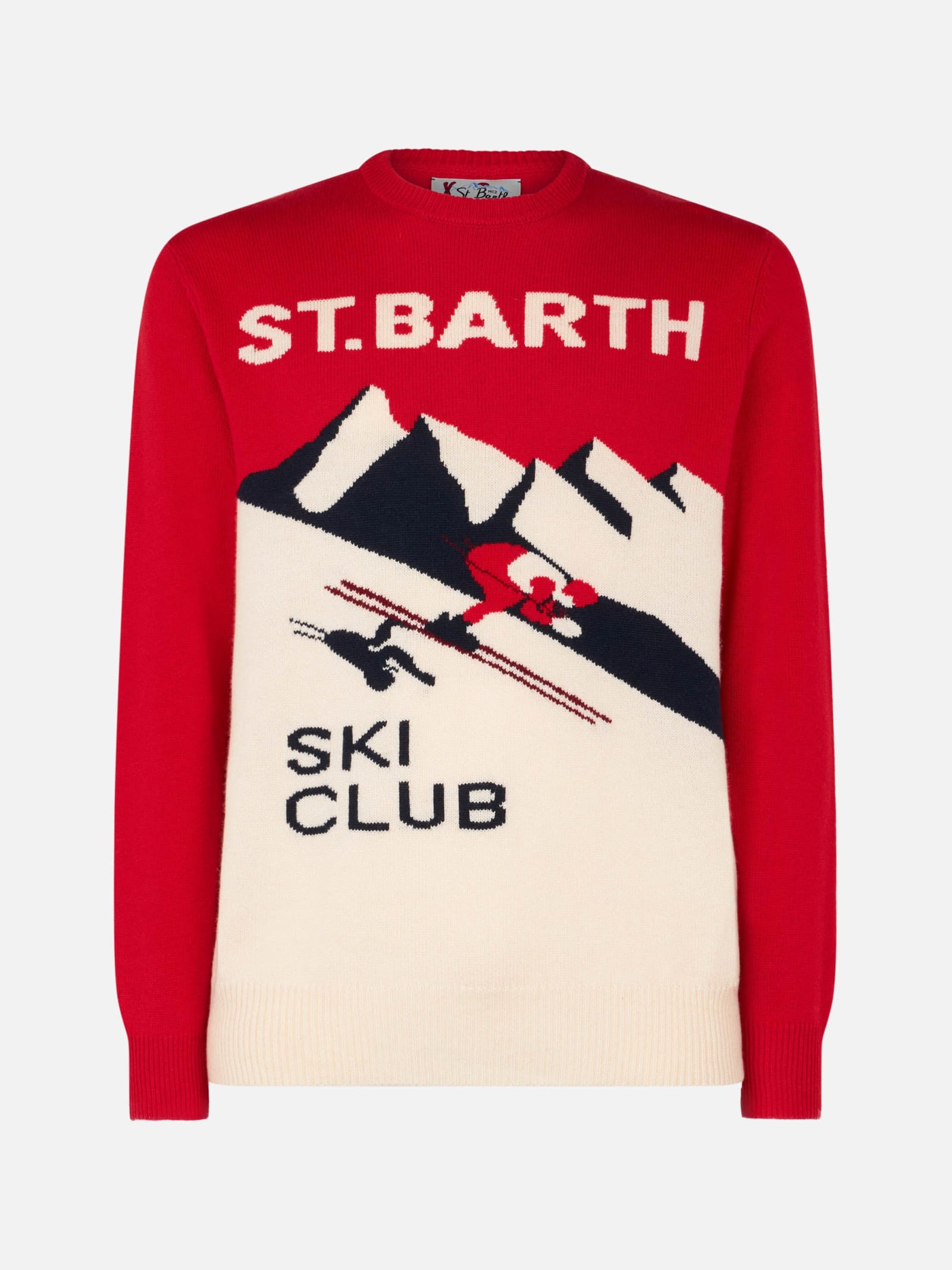 Shop Mc2 Saint Barth Man Crewneck Sweater With St. Barth Ski Club Postacard Jacquard Print In Red