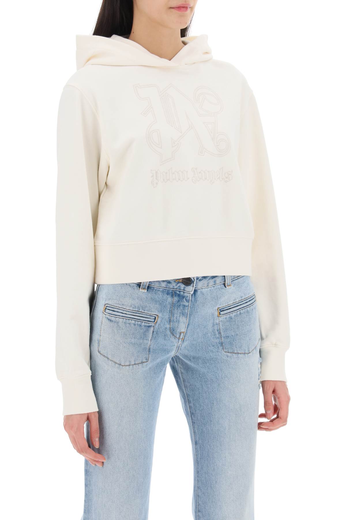 Palm Angels Cropped Hoodie With Monogram Embroidery In Off White Off White (white)