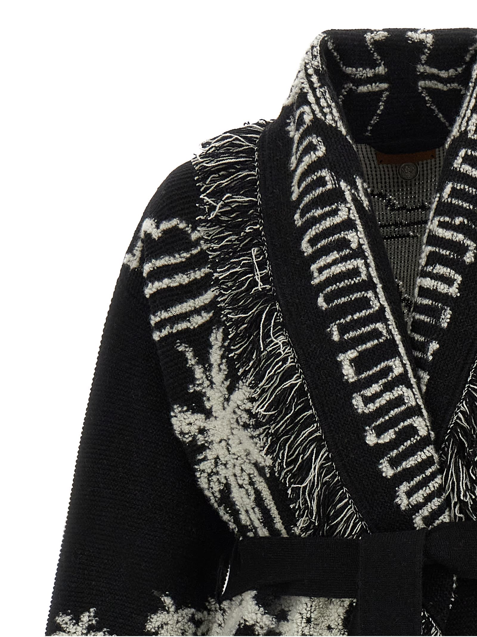 Alanui Long Jacquard Cardigan With Fringes In Black