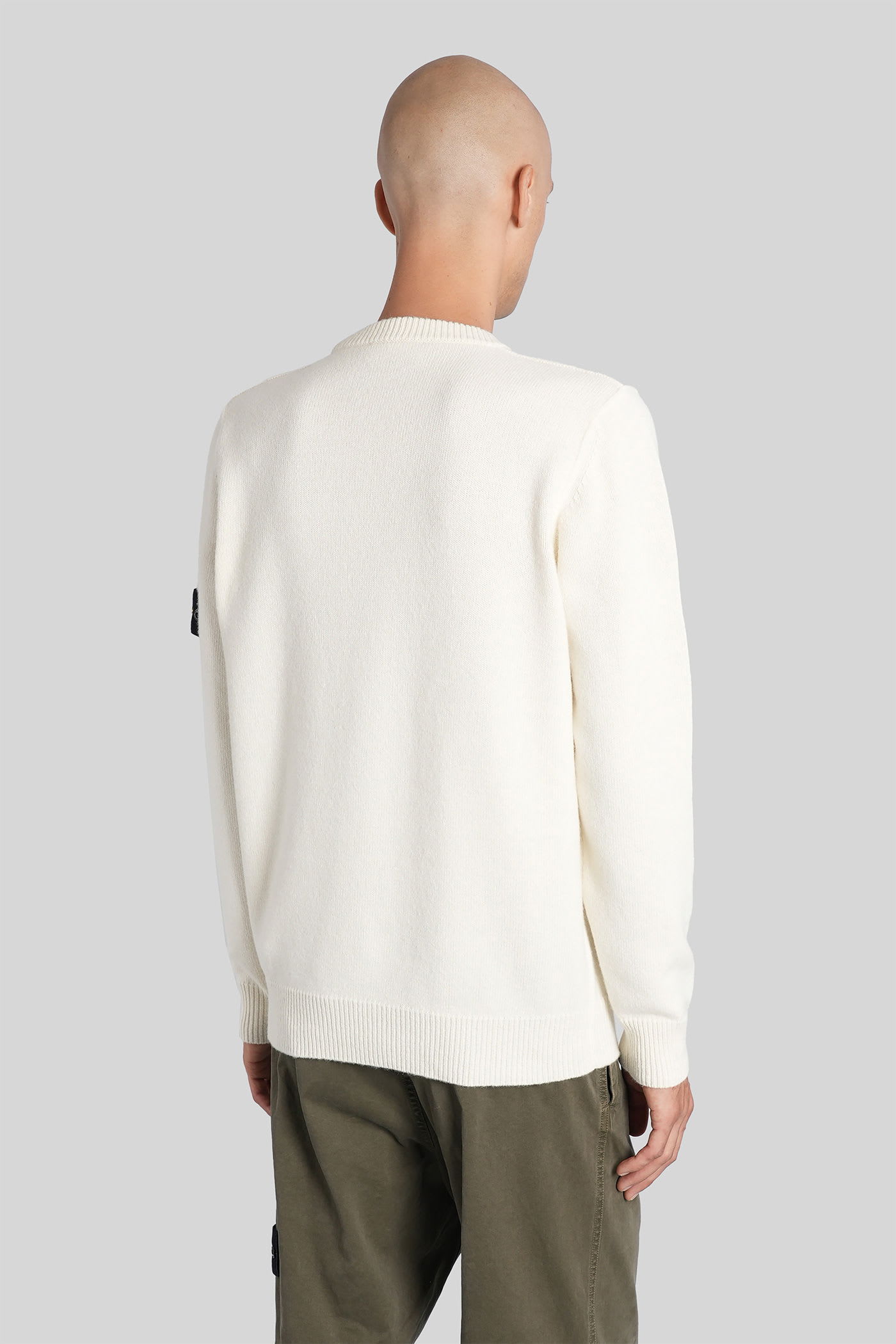 Stone Island Crew Neck Wool Sweater With Reverse Stitch Details In White