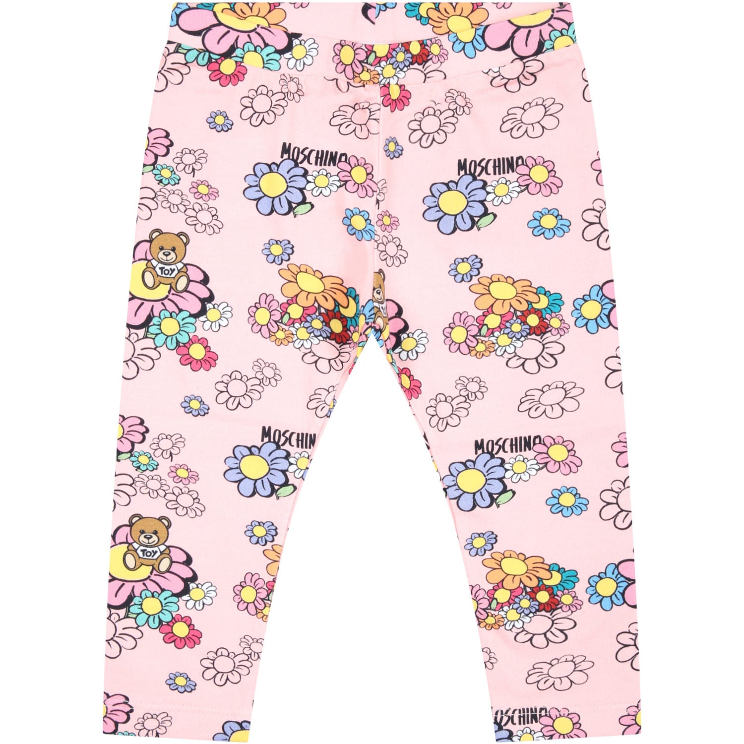 Moschino Floral-print Teddy Bear Motif Leggings In Pink