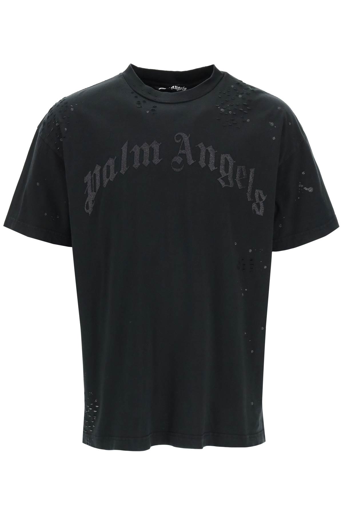 Palm Angels Black Crewneck T-shirt With Maxi Logo Print On The Front In Cotton Man In Black Black (black)