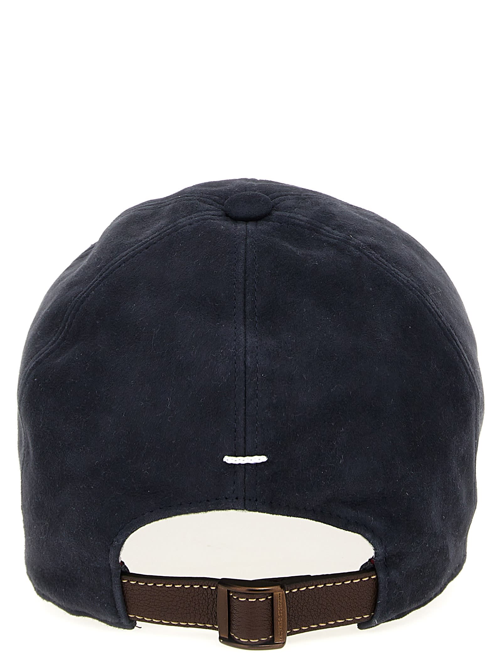 Shop Brunello Cucinelli Suede Cap With Logo Embroidery In Blue