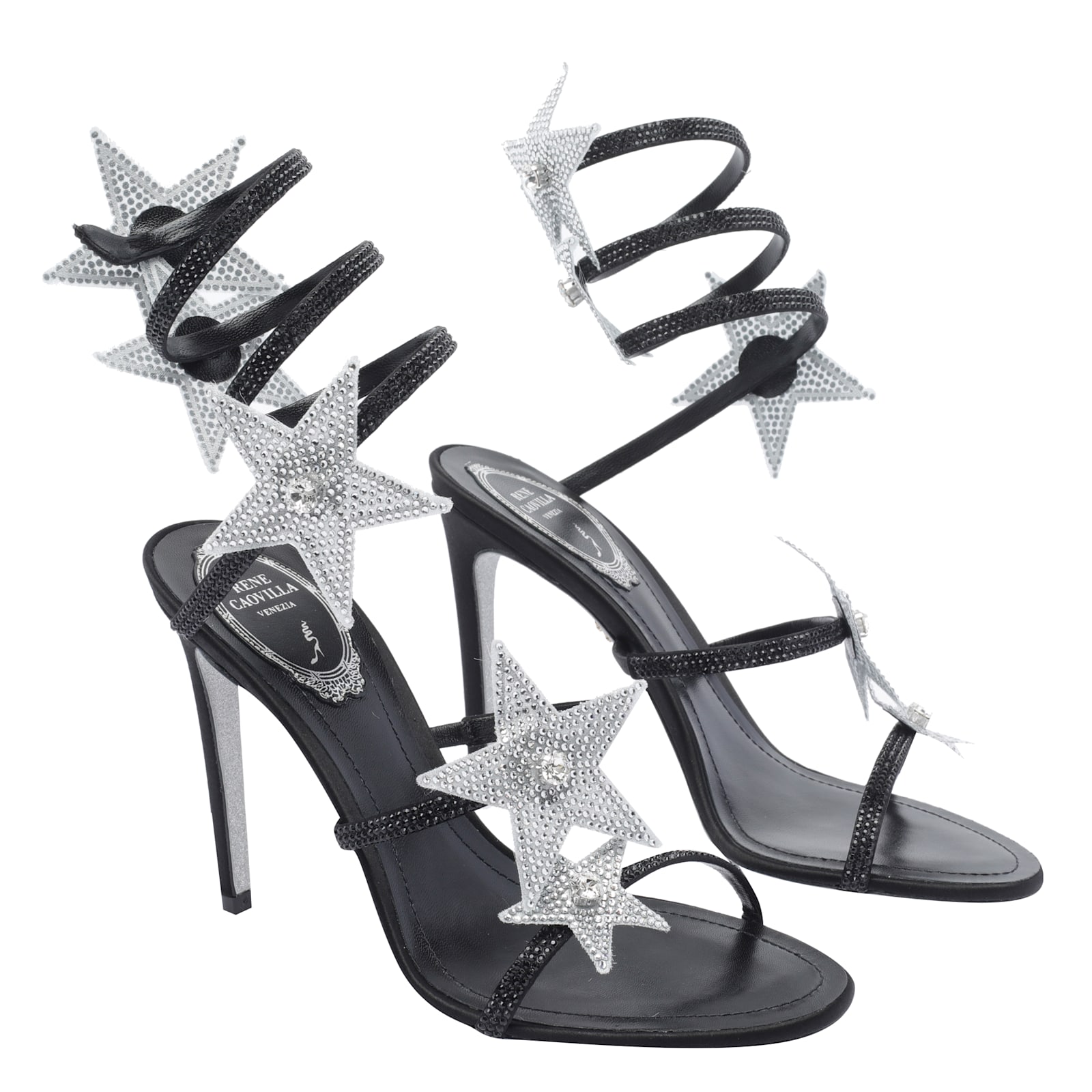 René Caovilla Round Toe High Heel Sandals In Black