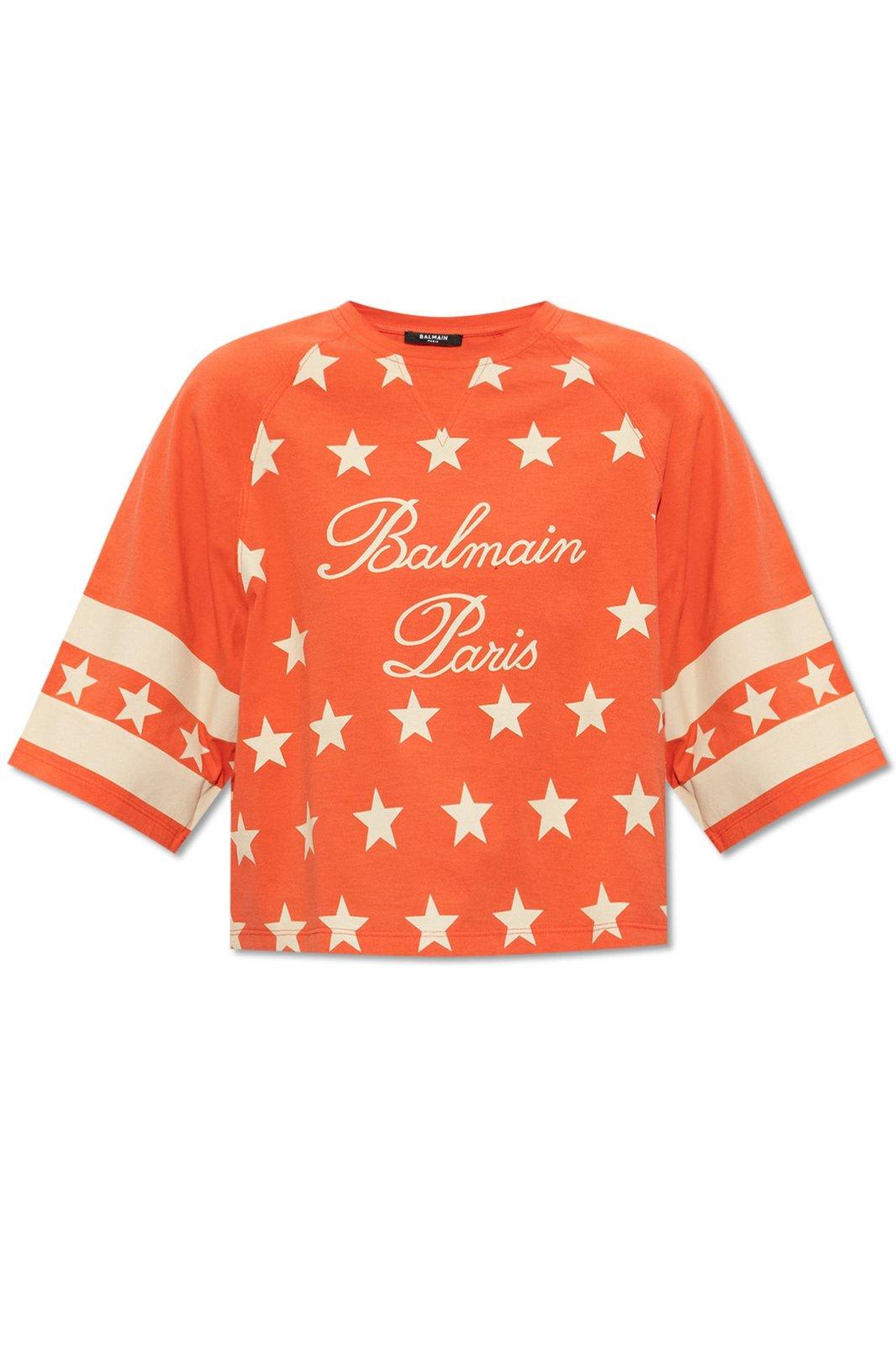 Balmain Star Printed Cropped T-shirt In Red