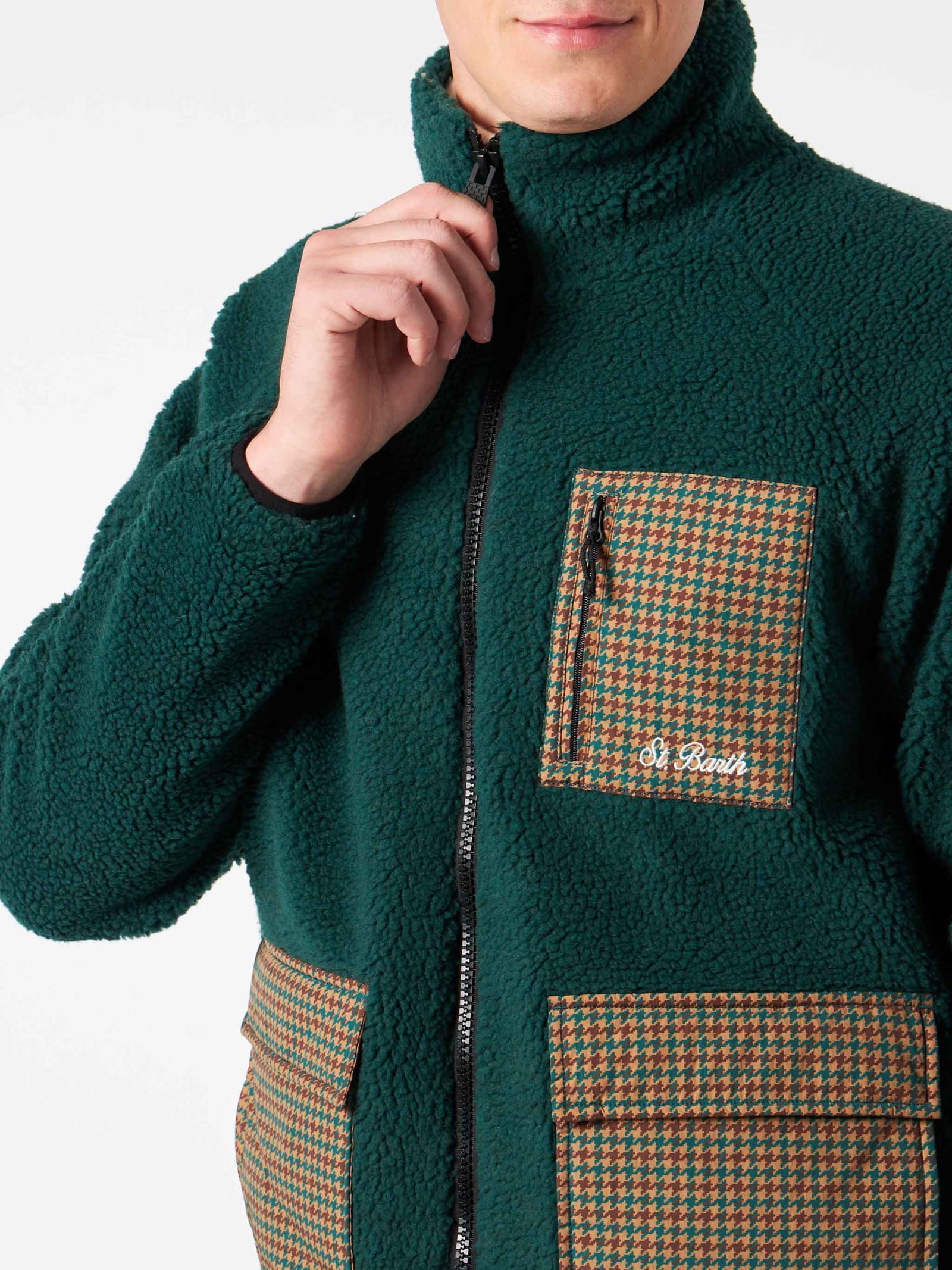 Shop Mc2 Saint Barth Man Green Sherpa Jacket With Check Patch Pockets