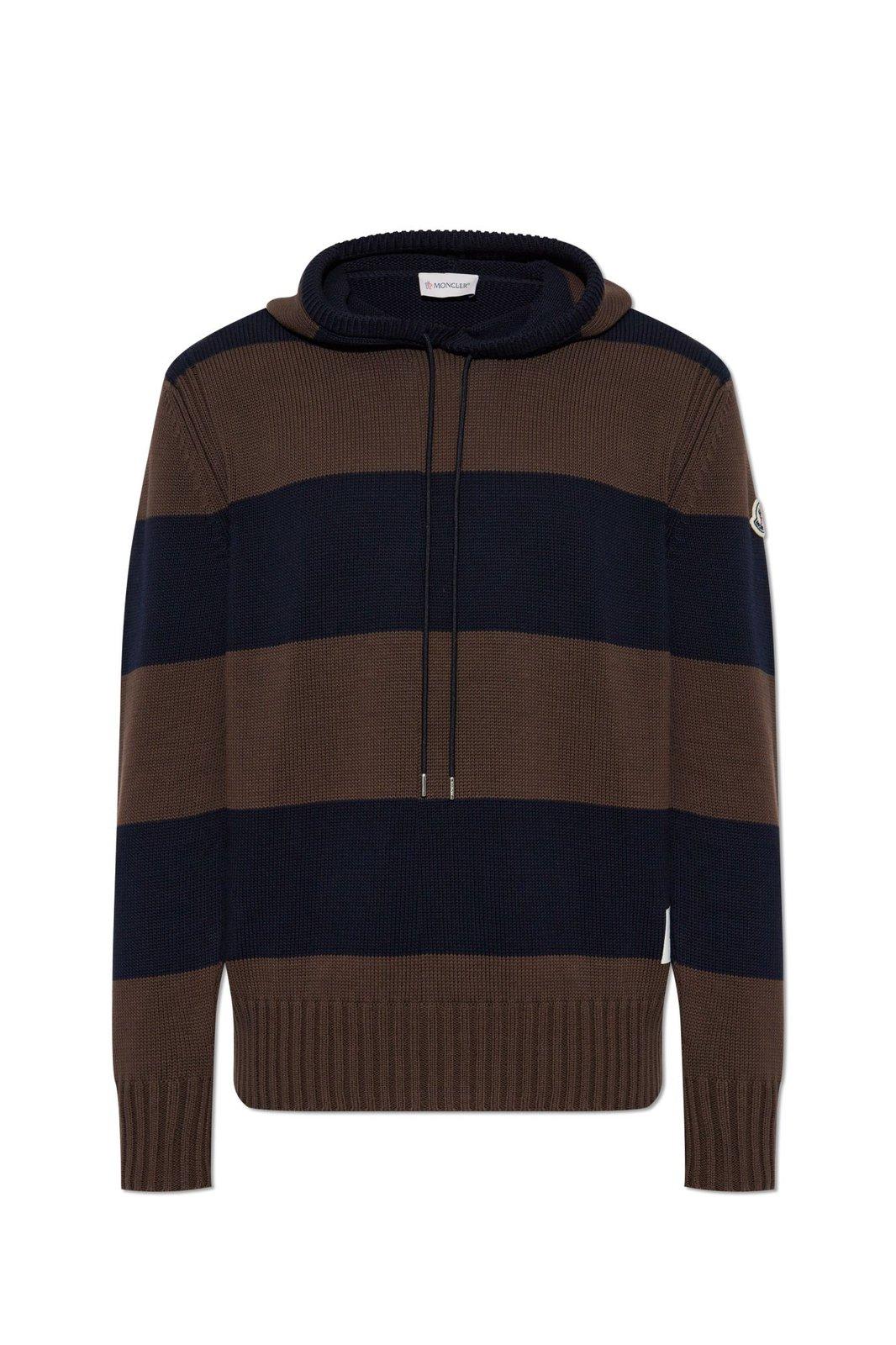 Shop Moncler Striped Drawstring Knitted Hoodie In Multicolour