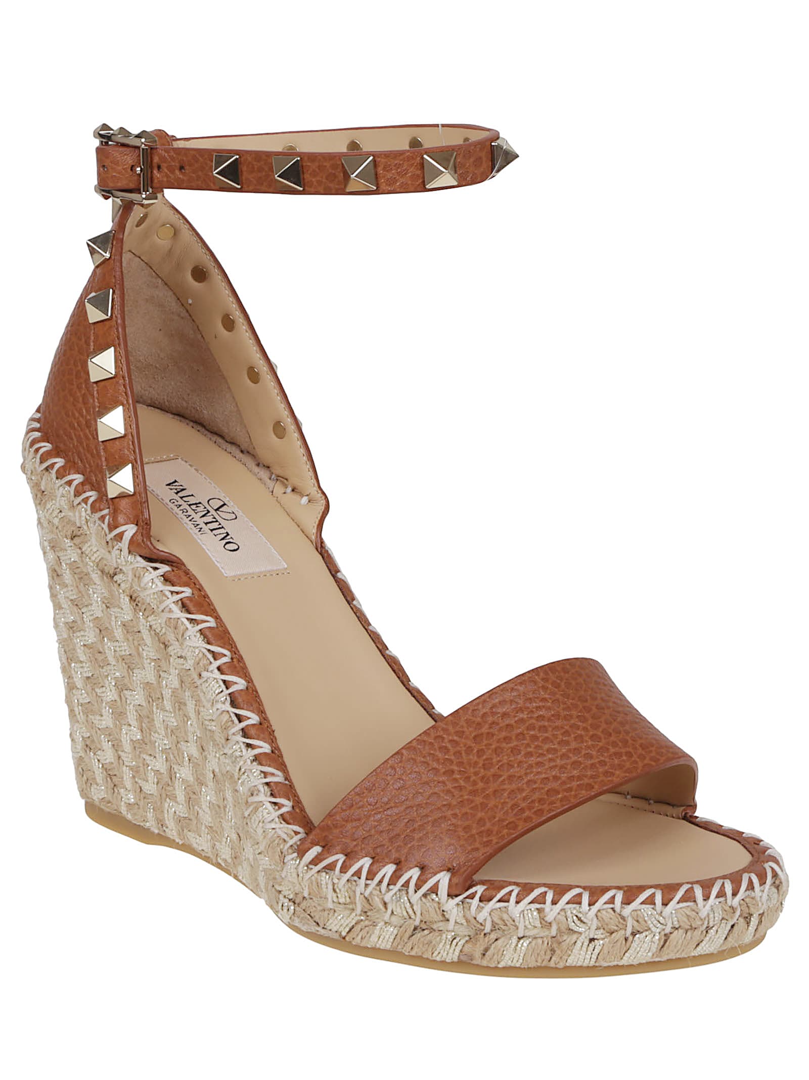 Valentino Rockstud 120 Leather Wedge Espadrilles In Brown