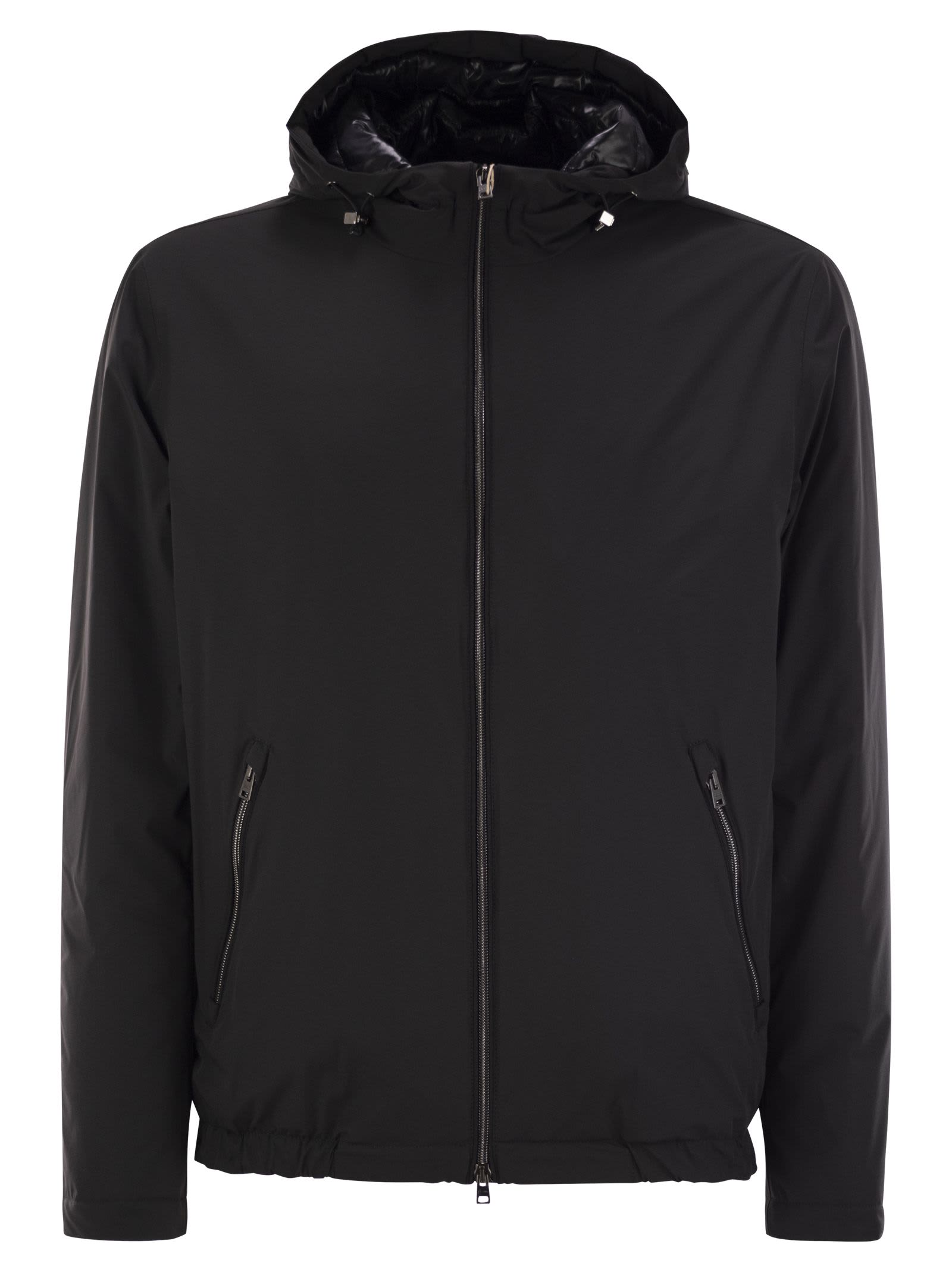 Shop Herno Technical Fabric Bomber Jacket With Hood In Black