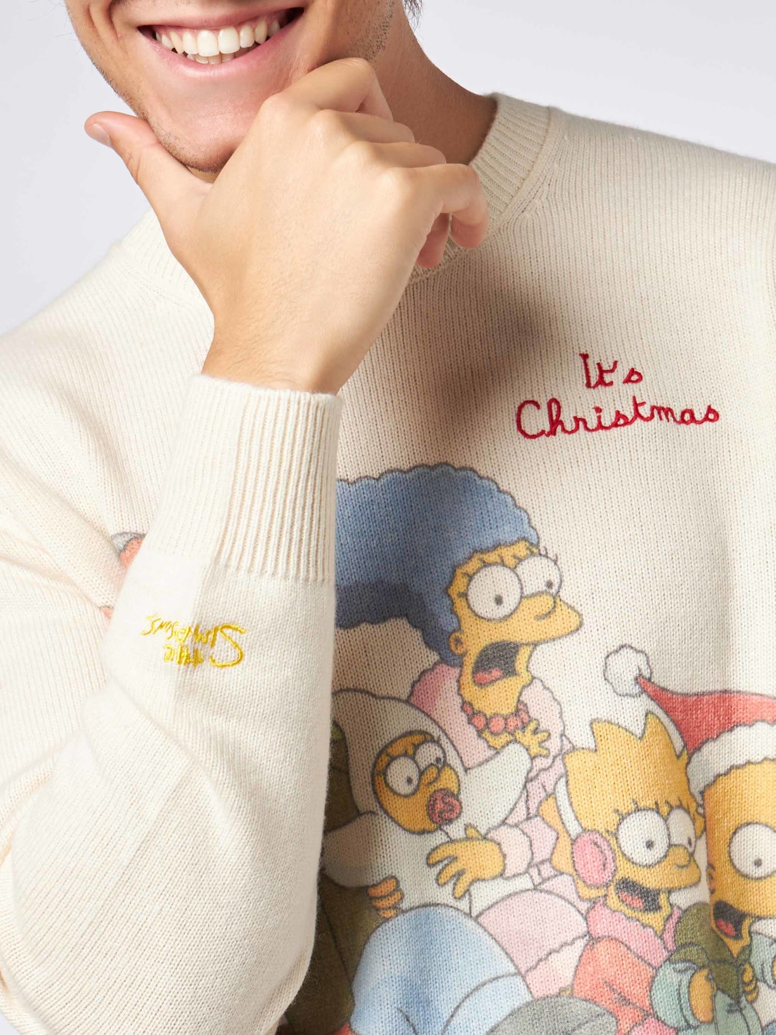 Shop Mc2 Saint Barth Man Crewneck Sweater With The Simpson Family Jacquard Print The Simpsons Special Edition In White