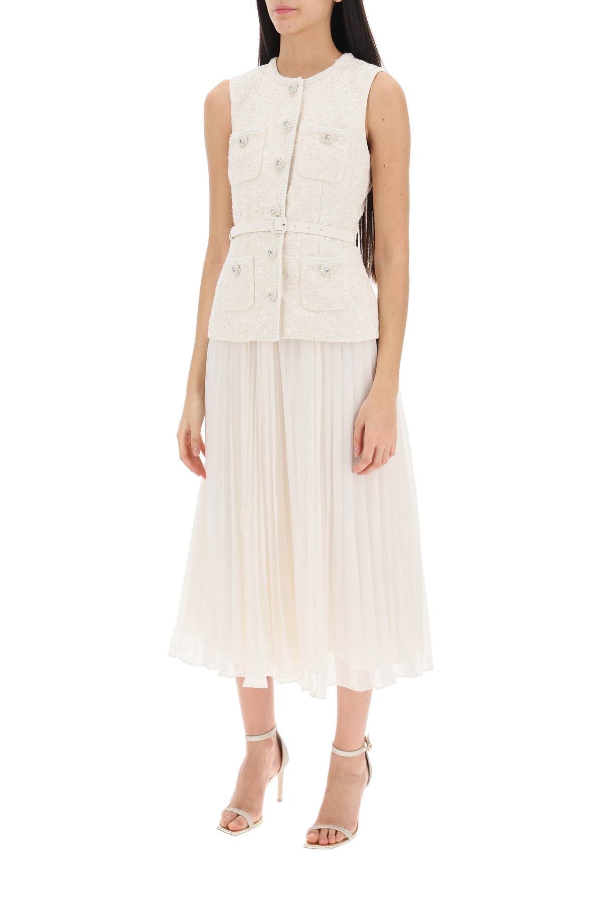 Shop Self-portrait Midi Peplum Dress With Pleated Skirt In Cream (white)