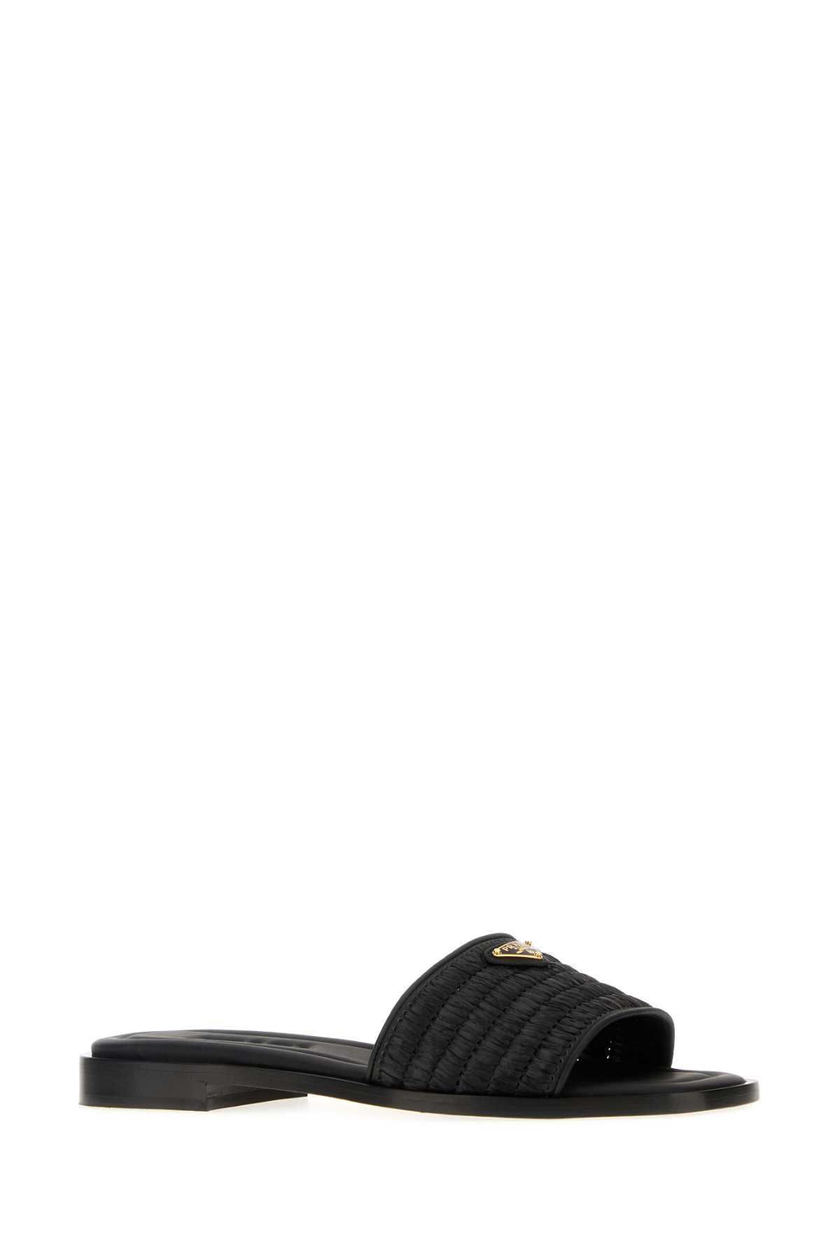 Prada Black Raffia And Leather Slippers In Black