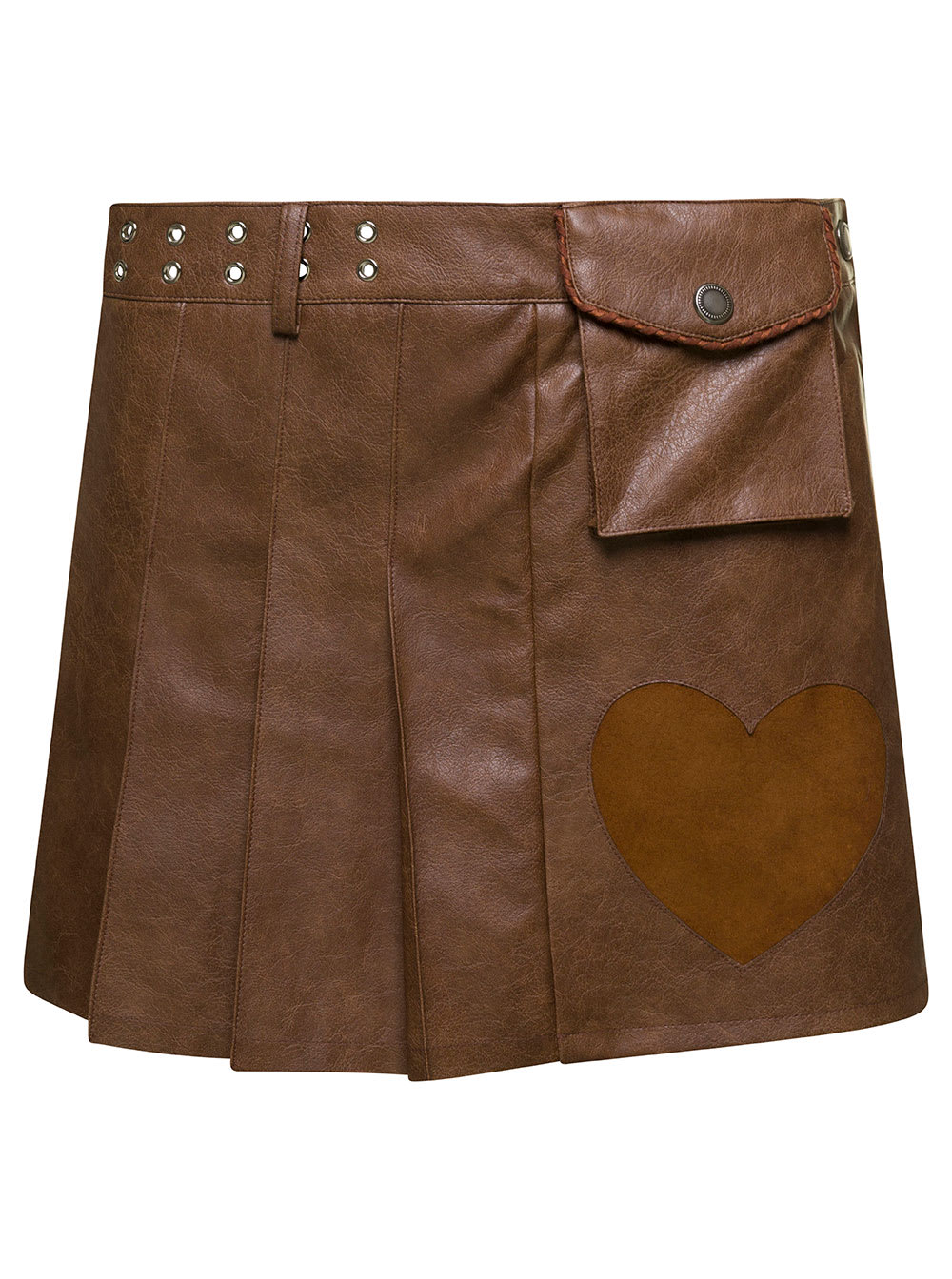 arina Brown Pleated Mini Skirt With Heart And Patch Pocket Detail In Faux Leather Woman