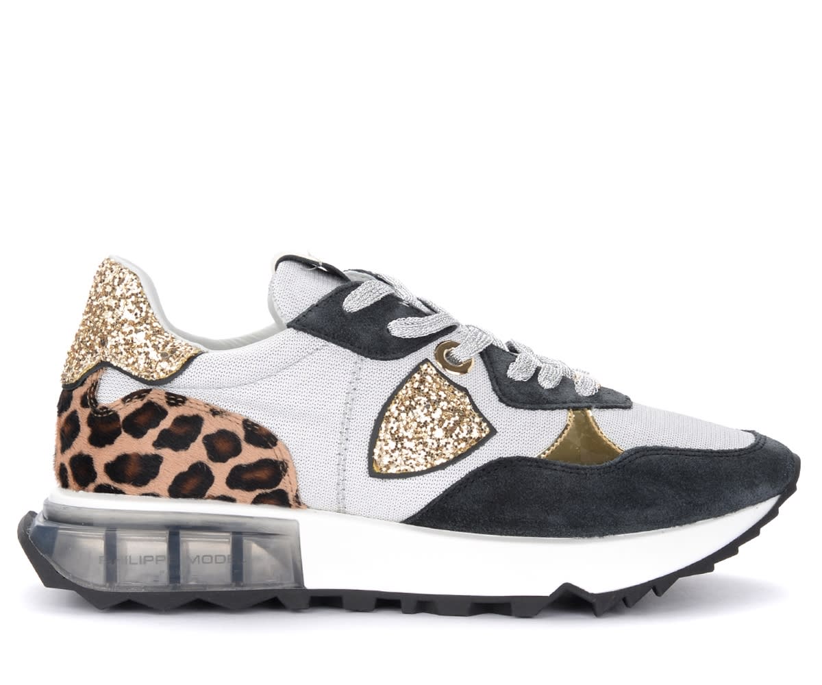 Grey, Black And Gold Sneaker Philippe Model La Rue With Animalier Details