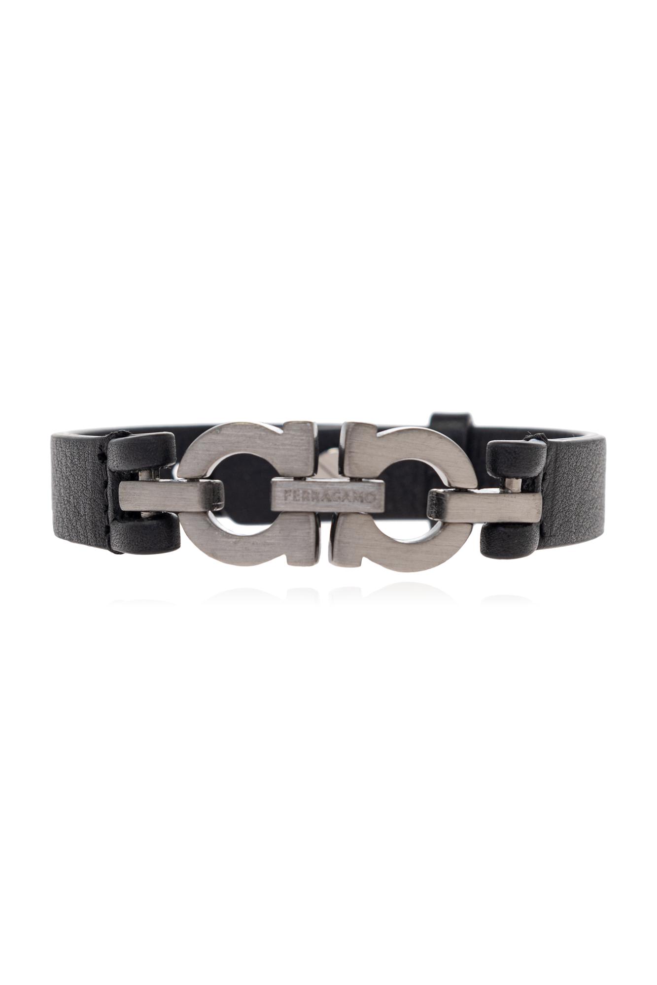 Ferragamo Double Gancini Leather Bracelet In Black