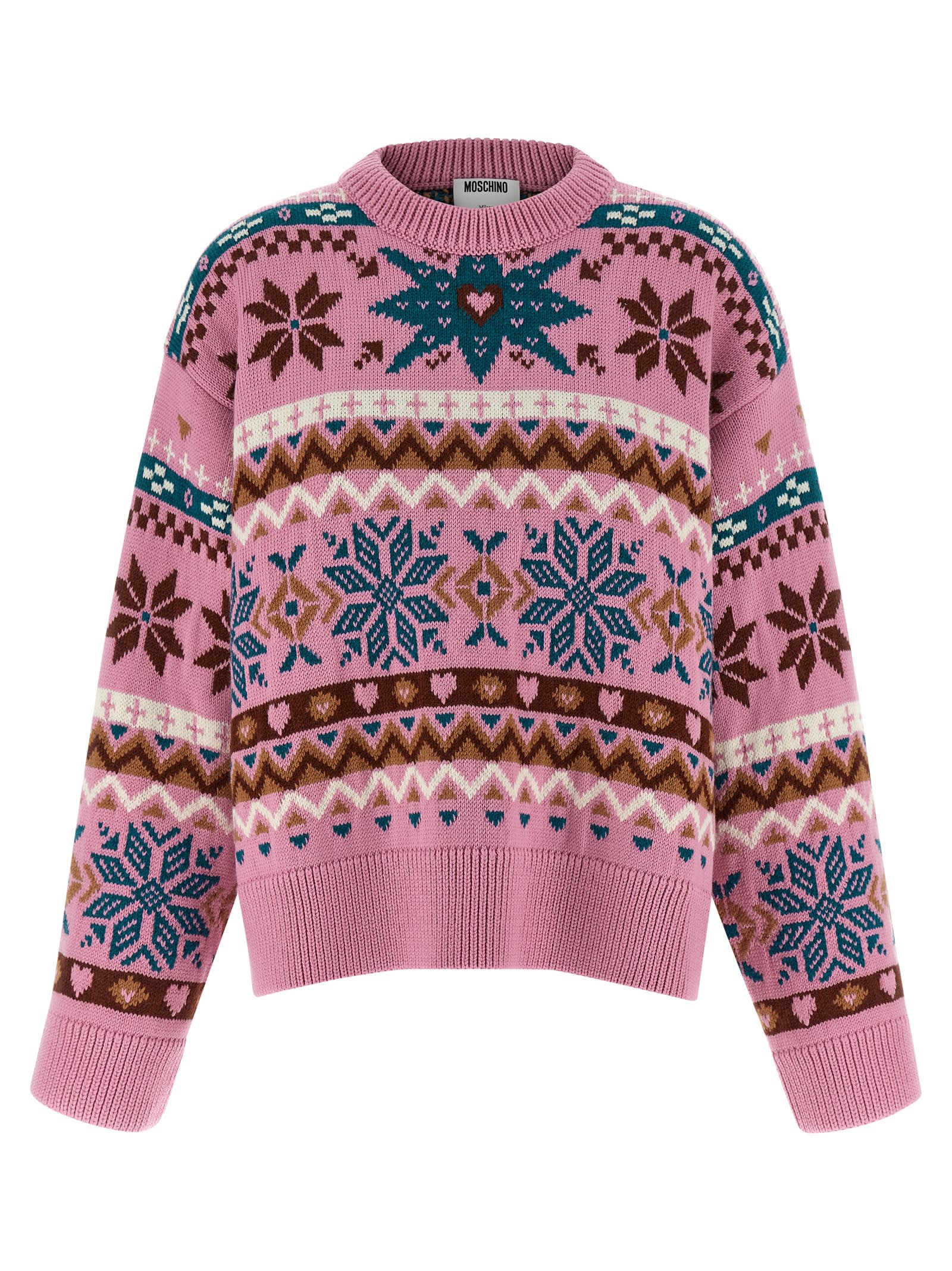Moschino Wool Sweater With Intarsia Design And Crew Neck In Purple
