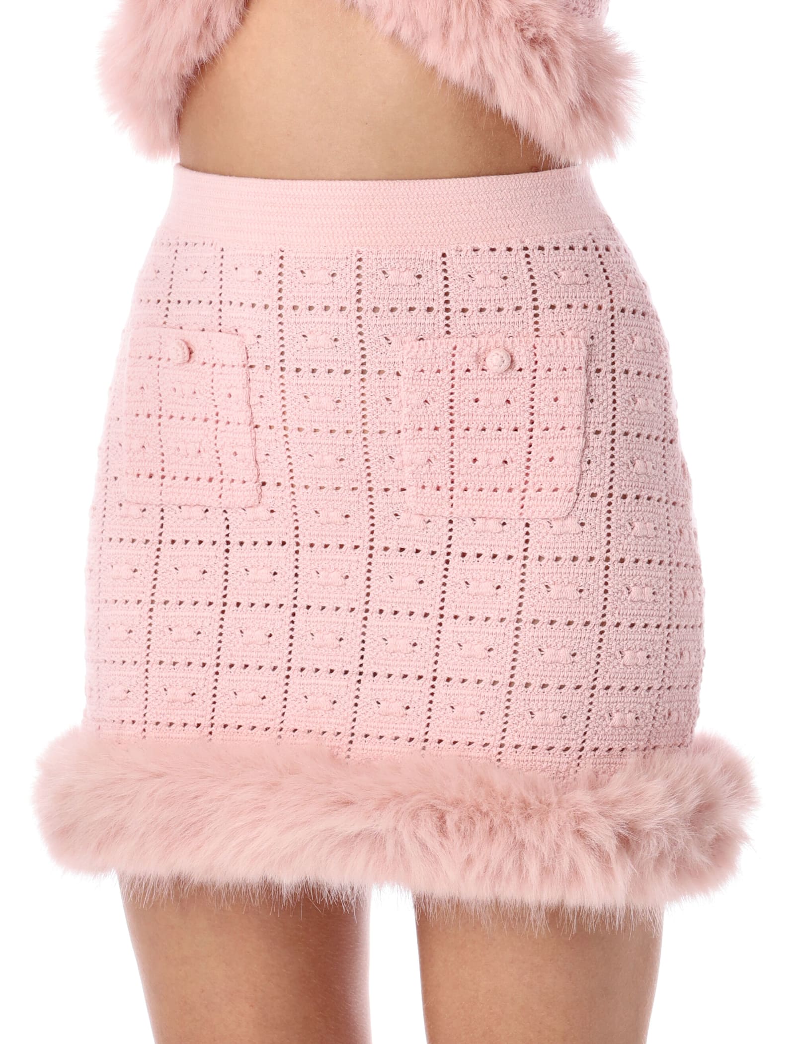 Self-portrait Pink Knit Mini Skirt With Faux Fur Hem In Pink