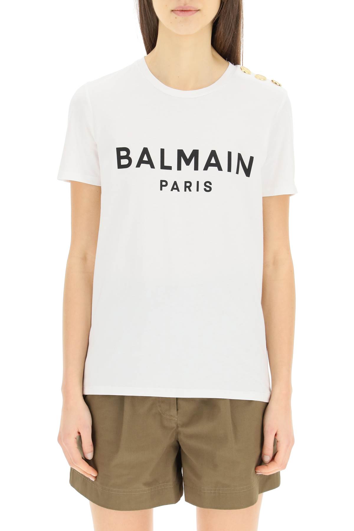 Shop Balmain Logo T-shirt With Embossed Buttons In Blanc Noir