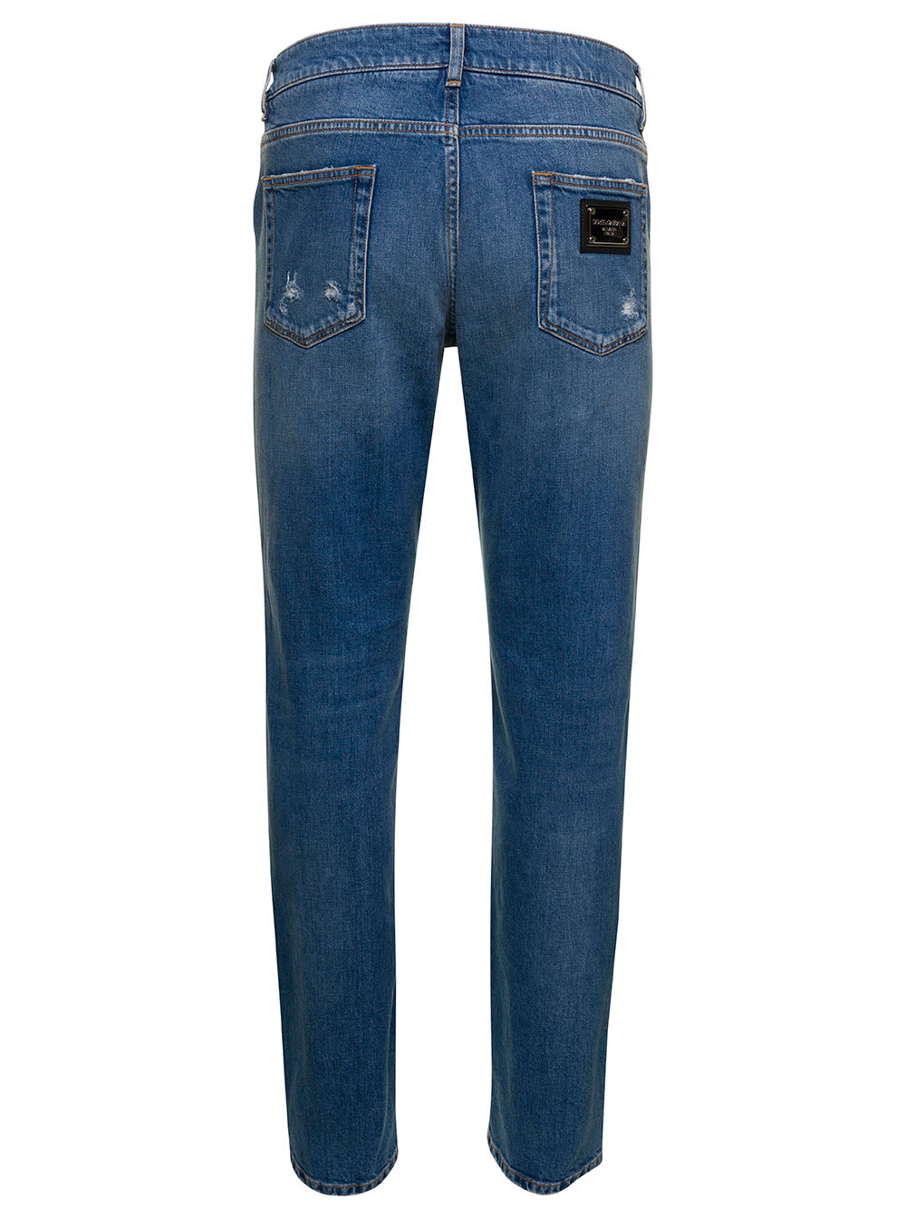 Shop Dolce & Gabbana Light Blue Five-pockets Slim Jeans With Logo Plaque In Stretch Cotton Denim Man