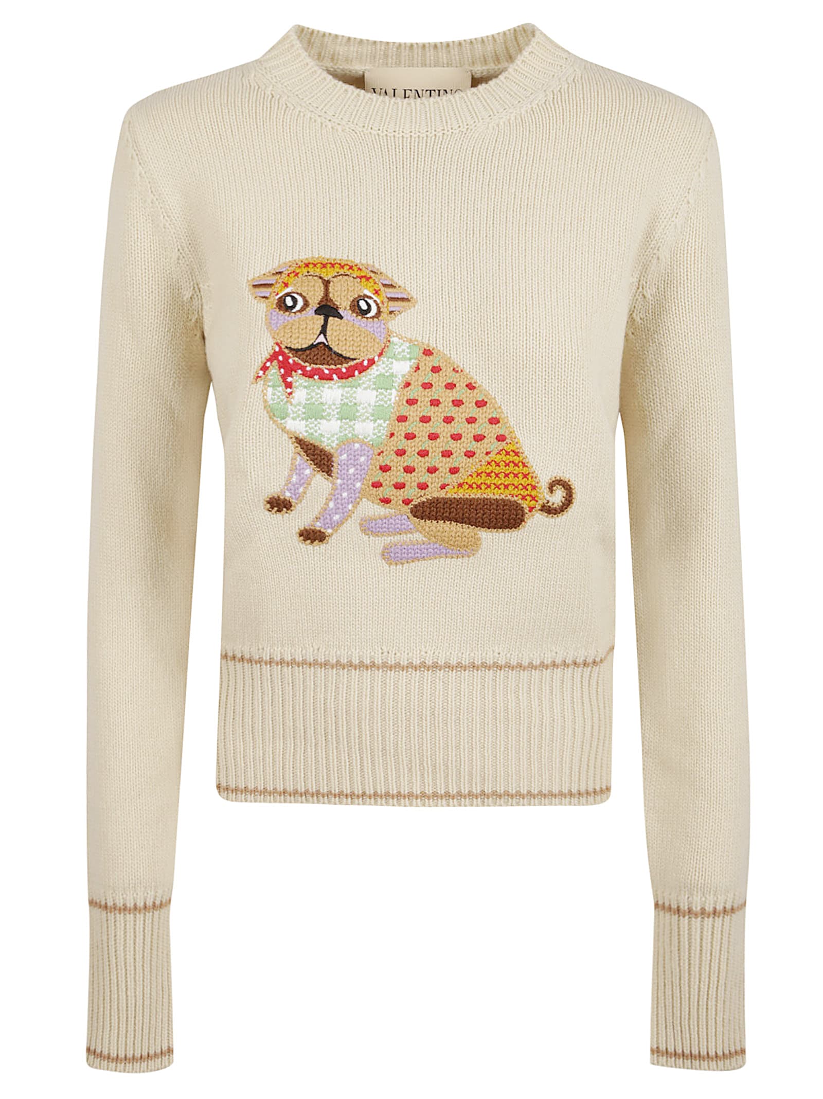 Valentino Pug Embroidered Wool Crewneck Sweater In White