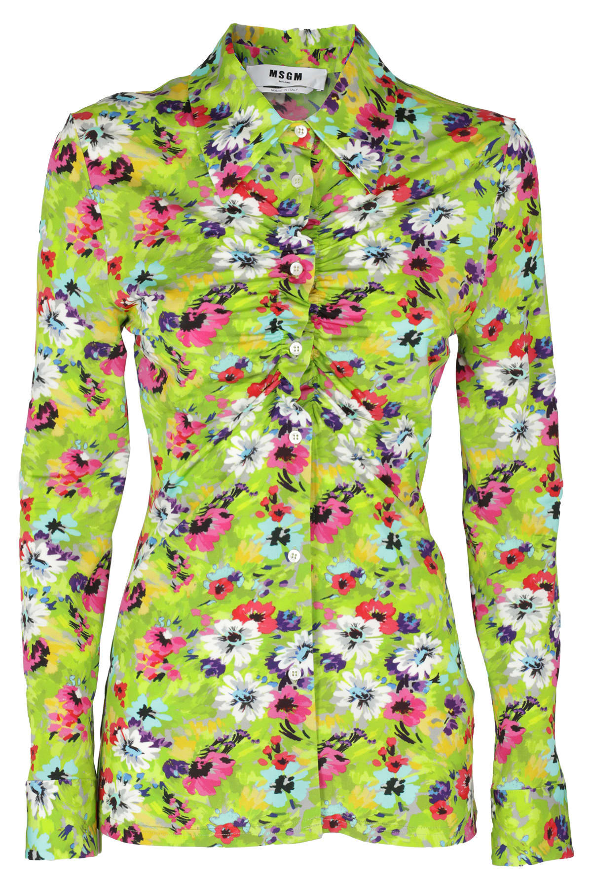 Msgm Floral-print Ruched Slim Shirt In Verde