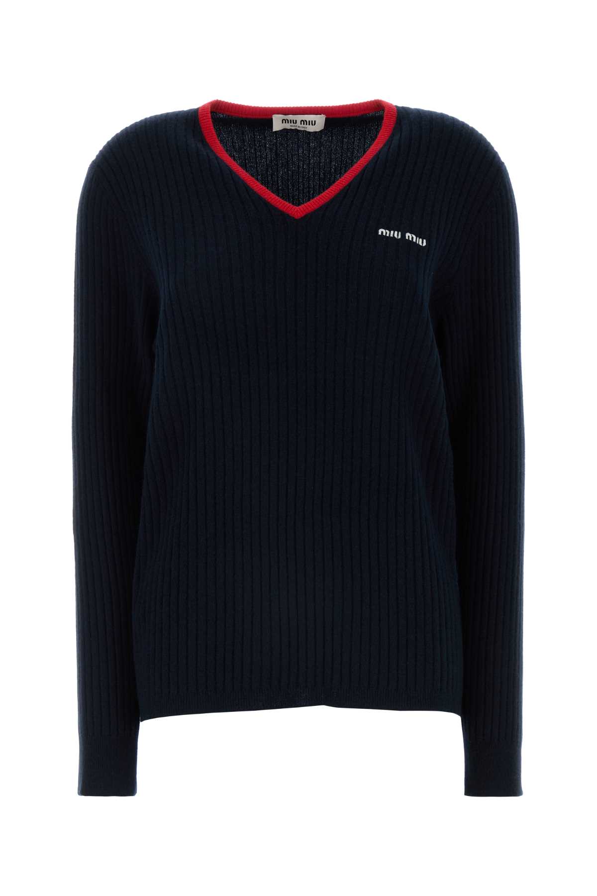 Miu Miu Blue Ribbed Wool Sweater In Blurosso
