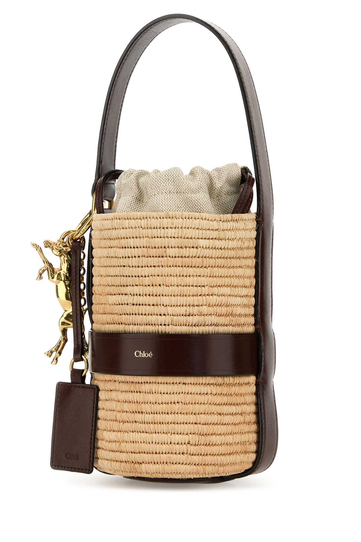 Chloé Chloe Women Two-tone Raffia And Leather Small Kerala 25 Bucket Bag In Darkebony