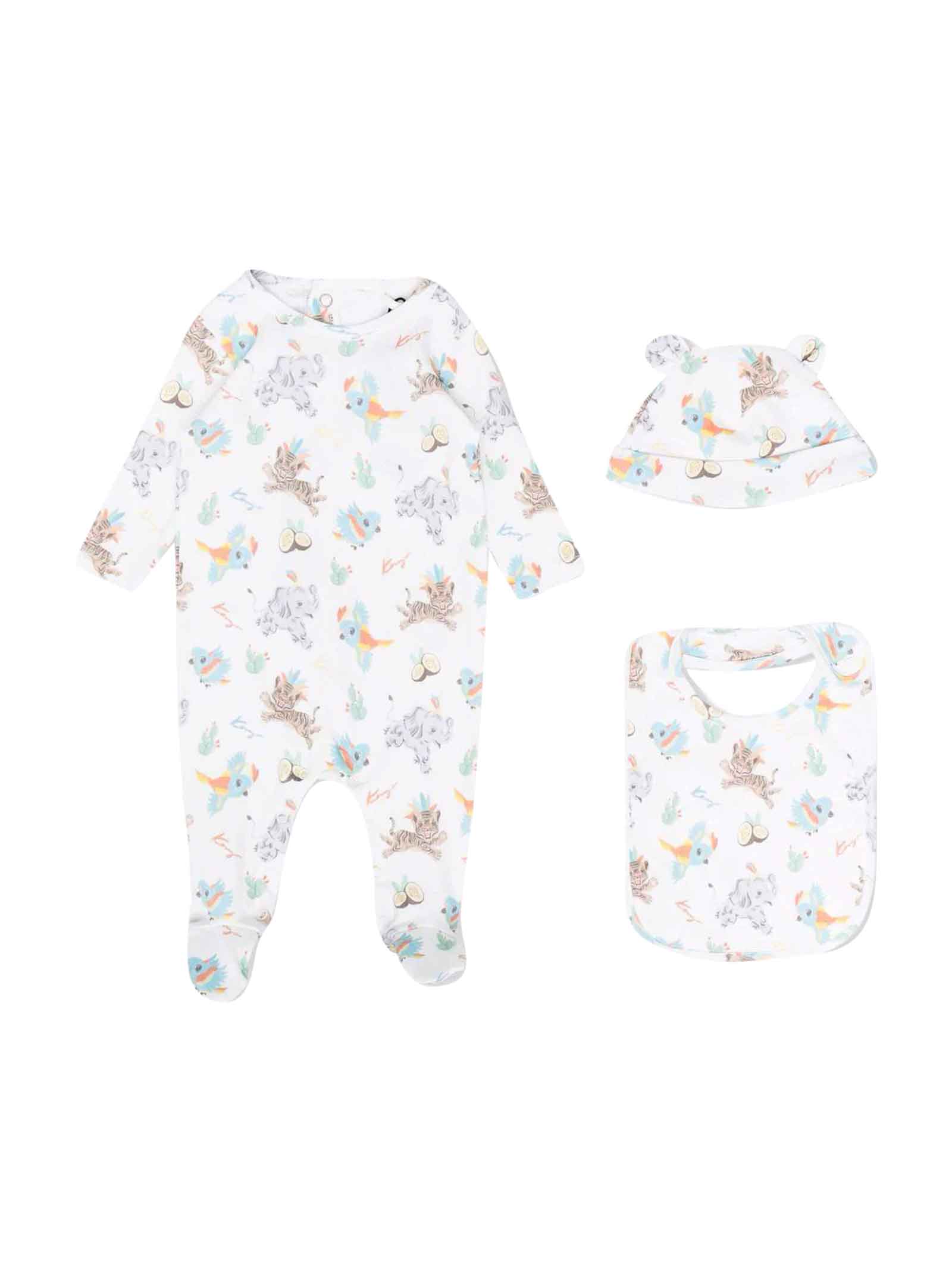 Kenzo Kids White Baby Girl Set, Romper, Hat And Bib With All-over Print Of Different Animals, Round Neck And Long Sleeves By.