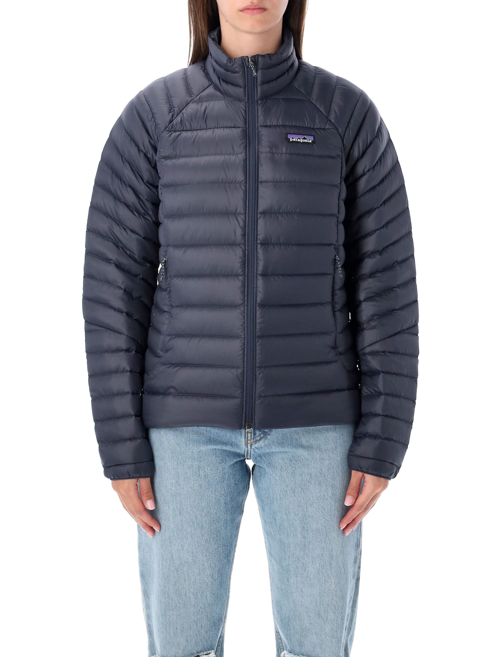 Patagonia Hooded Padded Jacket With Quilted Design And Side Pockets In Blue