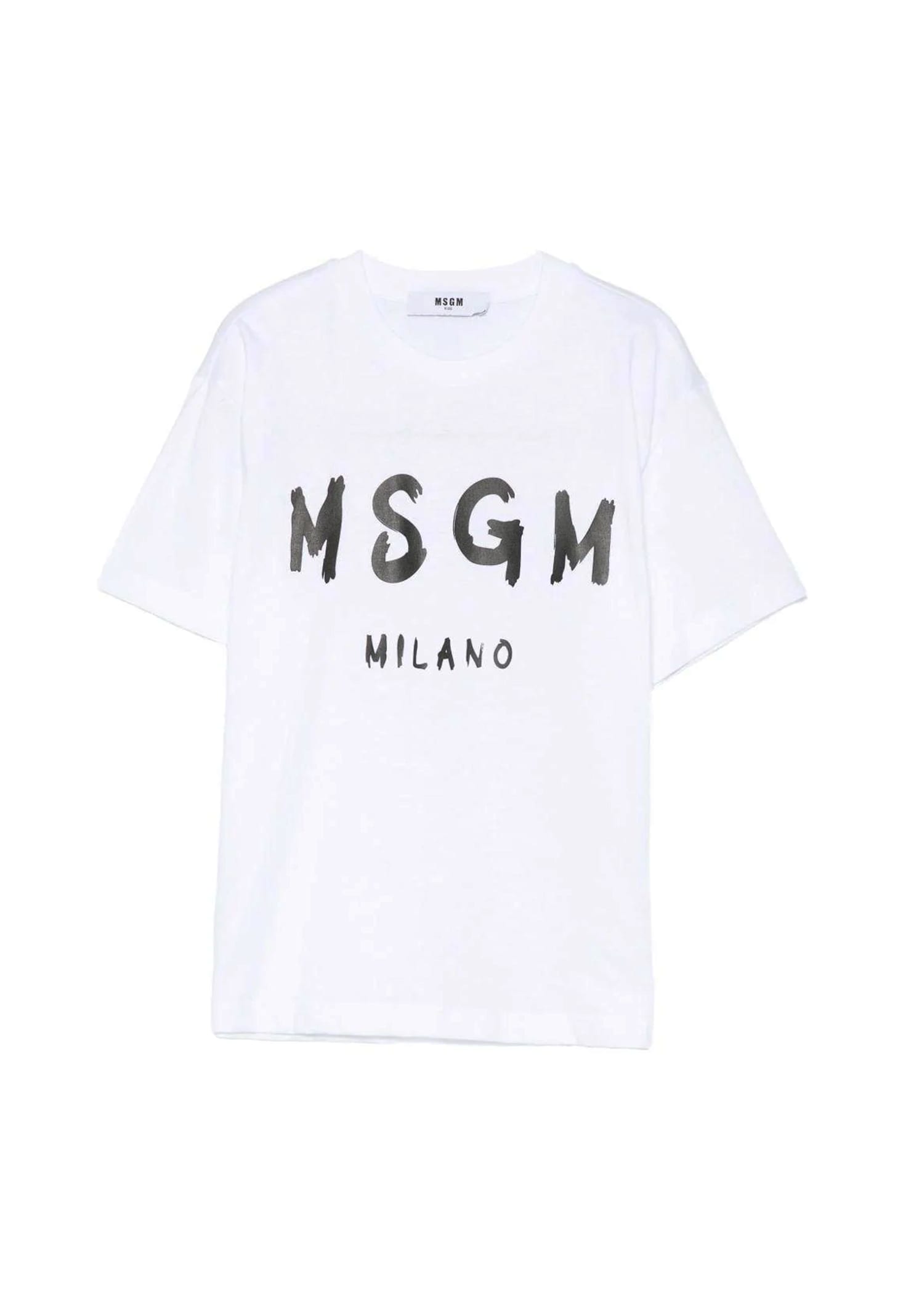 Msgm White T-shirt For Kids With Black Logo In Animal Print