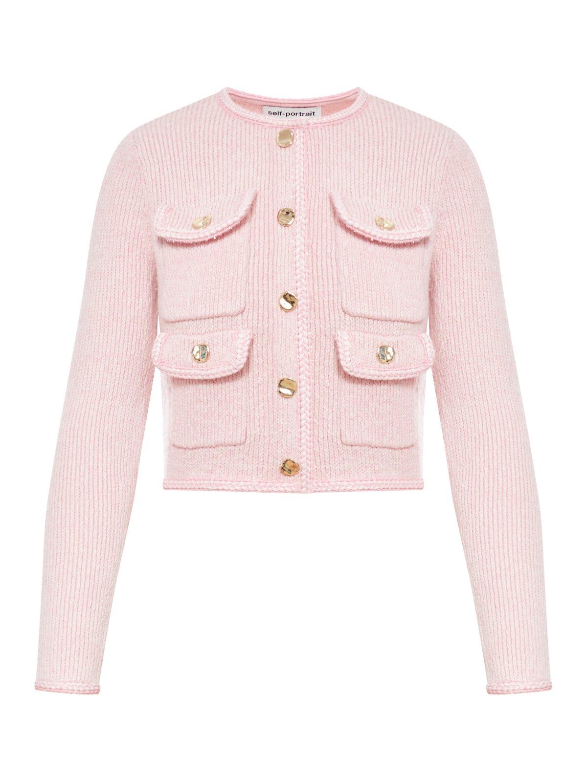 Shop Self-portrait Crewneck Knitted Cardigan In Pink