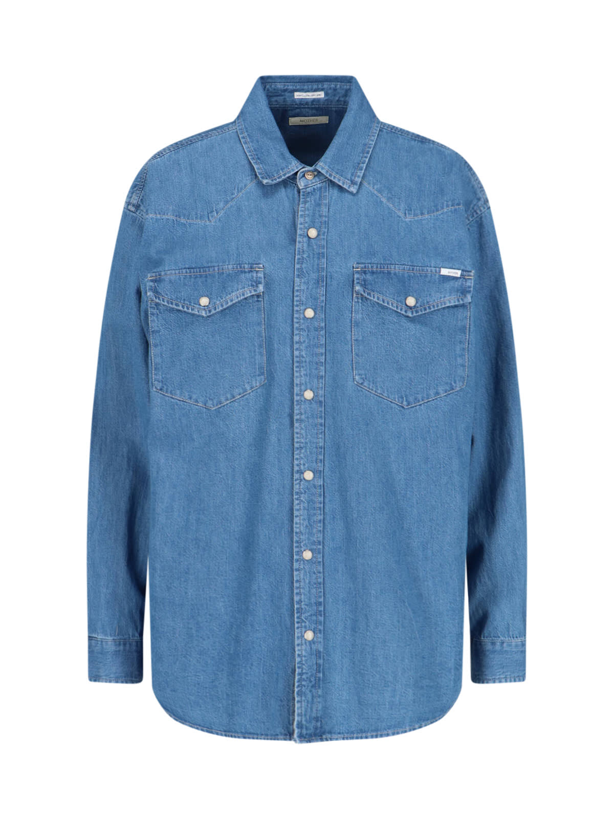 Mother The Western Distressed Denim Overshirt In Blue