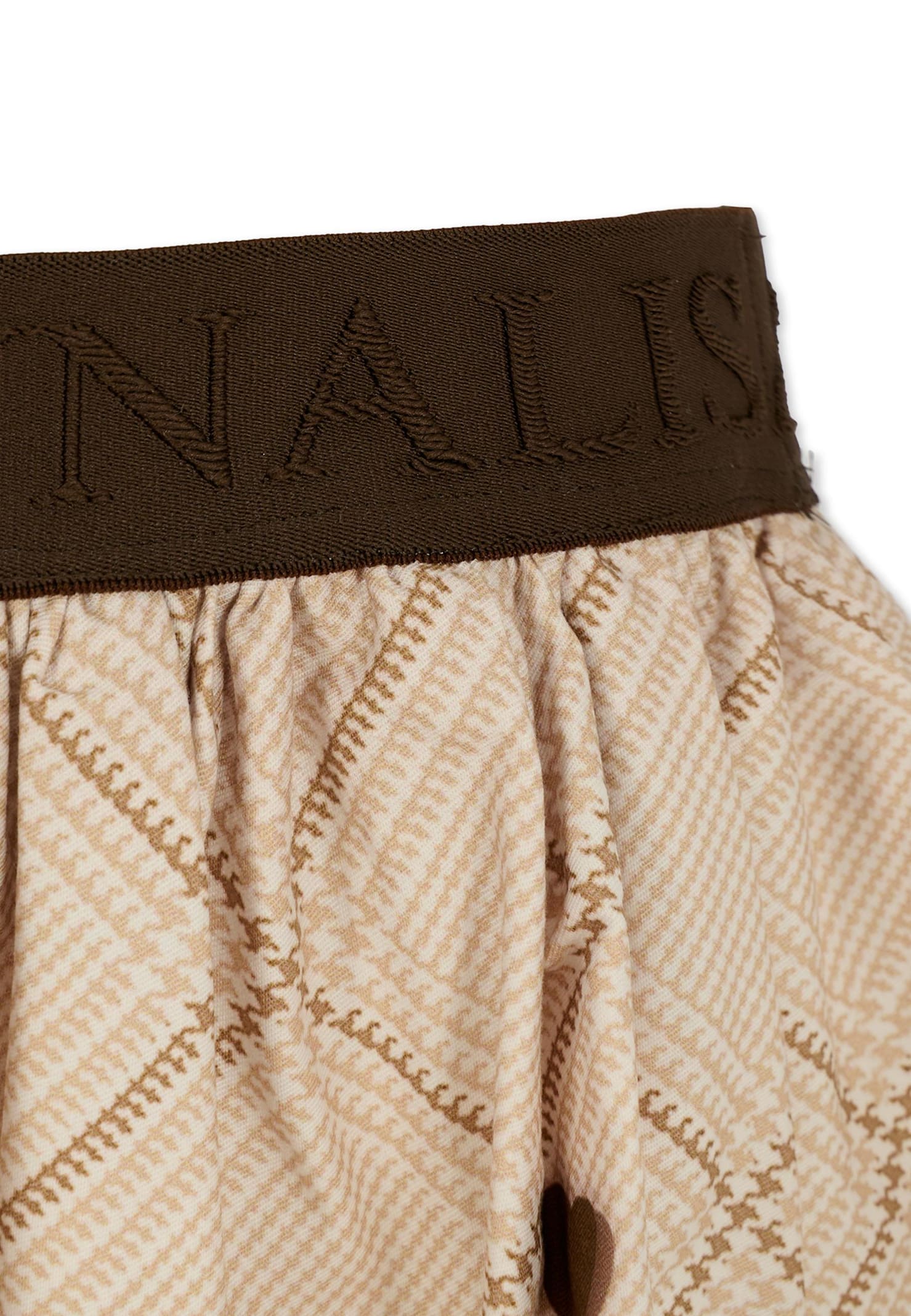 Monnalisa Beige Skirt With Elastic Waist With Logo Lettering And All-over Print In Cotton Stretch Girl In Brown