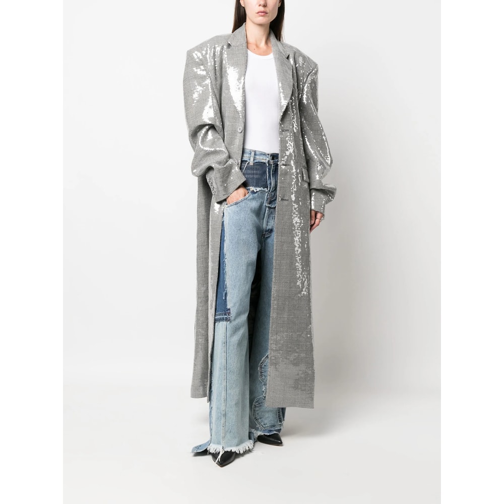 Vetements Sequin-embellished Checked Coat In Gray