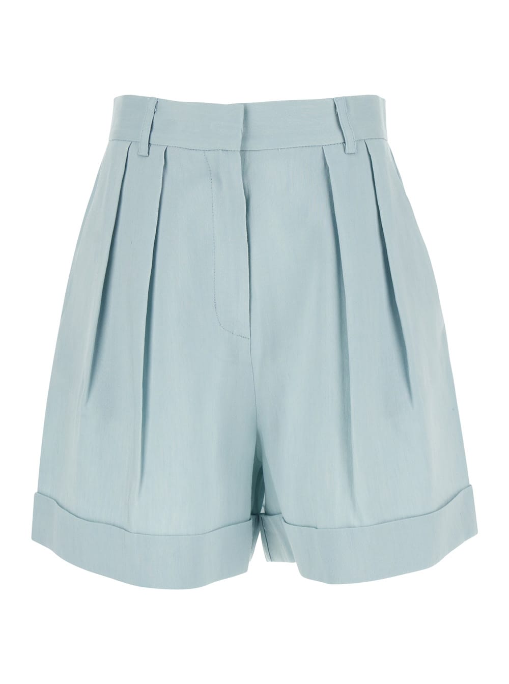 Light Blue Shorts With Pinces In Linen Blend Woman