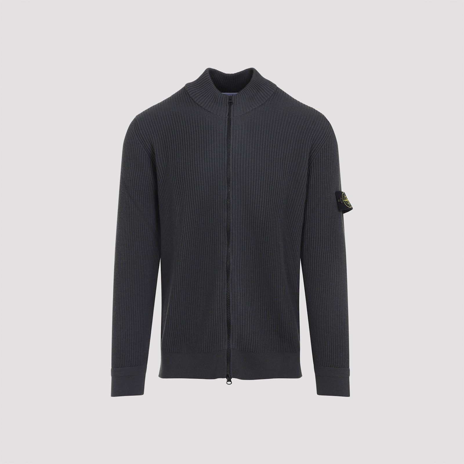 Stone Island Ribbed Zip-up Sweater With High Collar In Gray