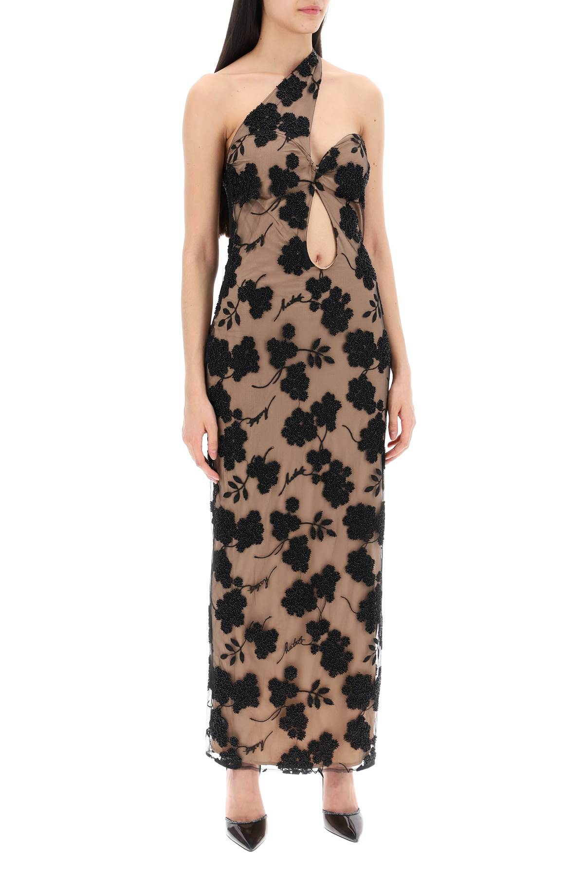 Shop Rotate Birger Christensen Maxi Mesh Dress With Beads Embellishments In Beaded Flower Embroidery Tap Shoe