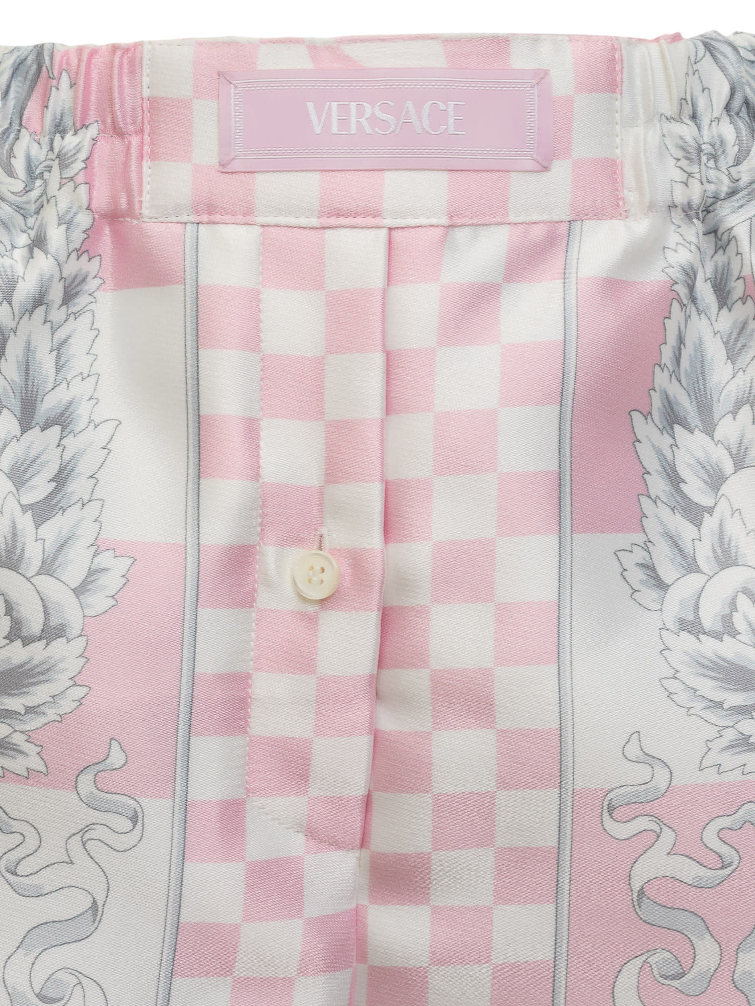 Shop Versace Shorts With Medusa And Barocco Motif In Pastel Pink-bianco-silver