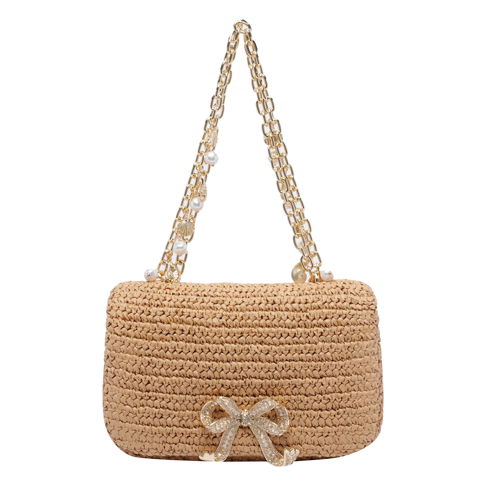 Self-portrait Self Portrait 'raffia Bow Charm' Shoulder Bag In Gold