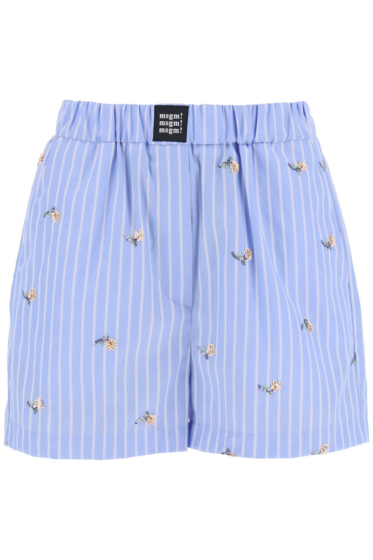 Shop Msgm Striped Poplin Shorts With Sequin Flowers In Light Blue (white)