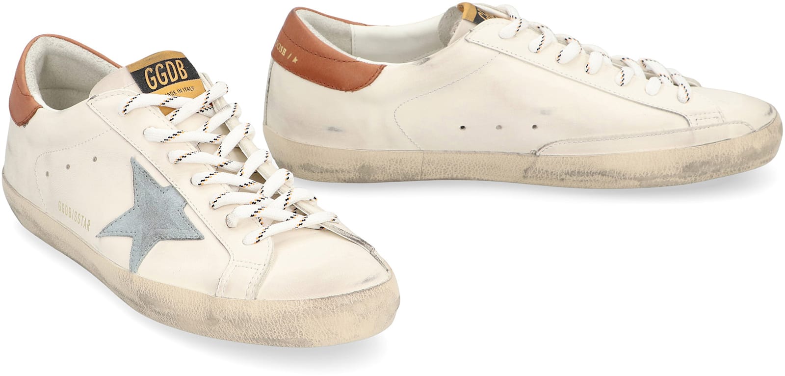 Golden Goose Super-star White Leather Sneakers With Grey Suede Star And Brown Heel In Neutral