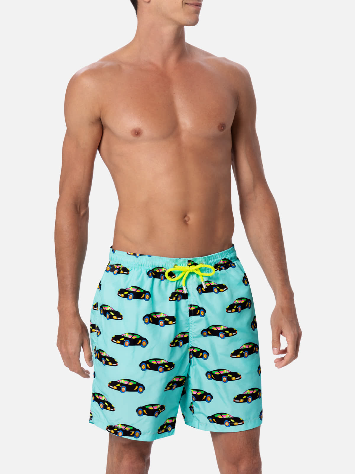 MC2 SAINT BARTH MAN LIGHTWEIGHT FABRIC SWIM-SHORTS LIGHTING WITH LODOLA CAR PRINT MARCO LODOLA SPECIAL EDITION