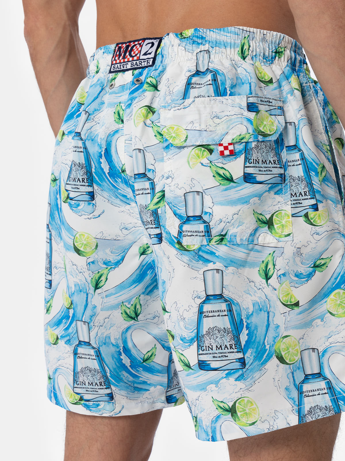 Shop Mc2 Saint Barth Man Mid-length Striped Gustavia Swim-shorts With Gin Print Gin Mare Special Edition In White