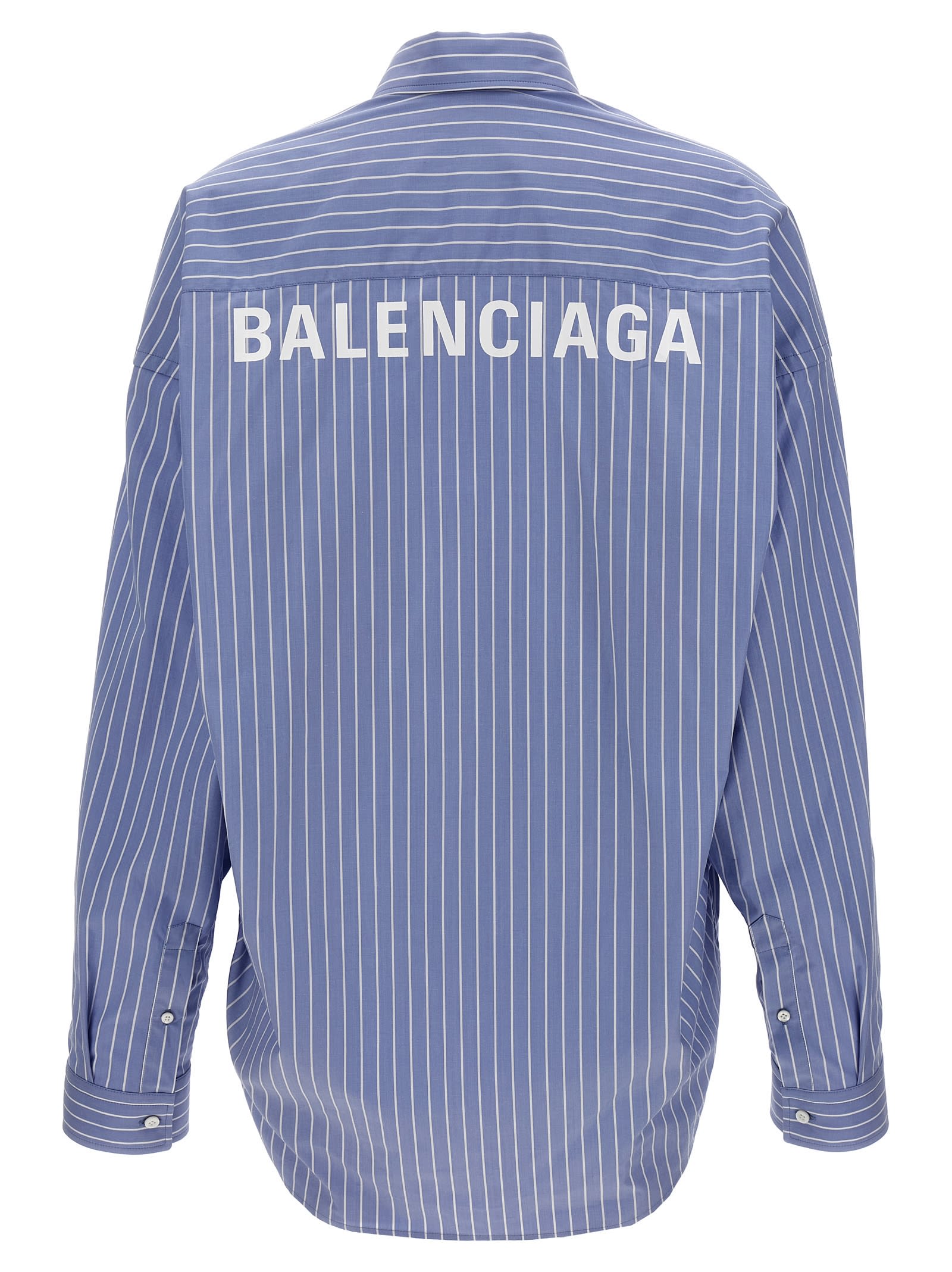 Shop Balenciaga Logo Print Striped Shirt In Light Blue